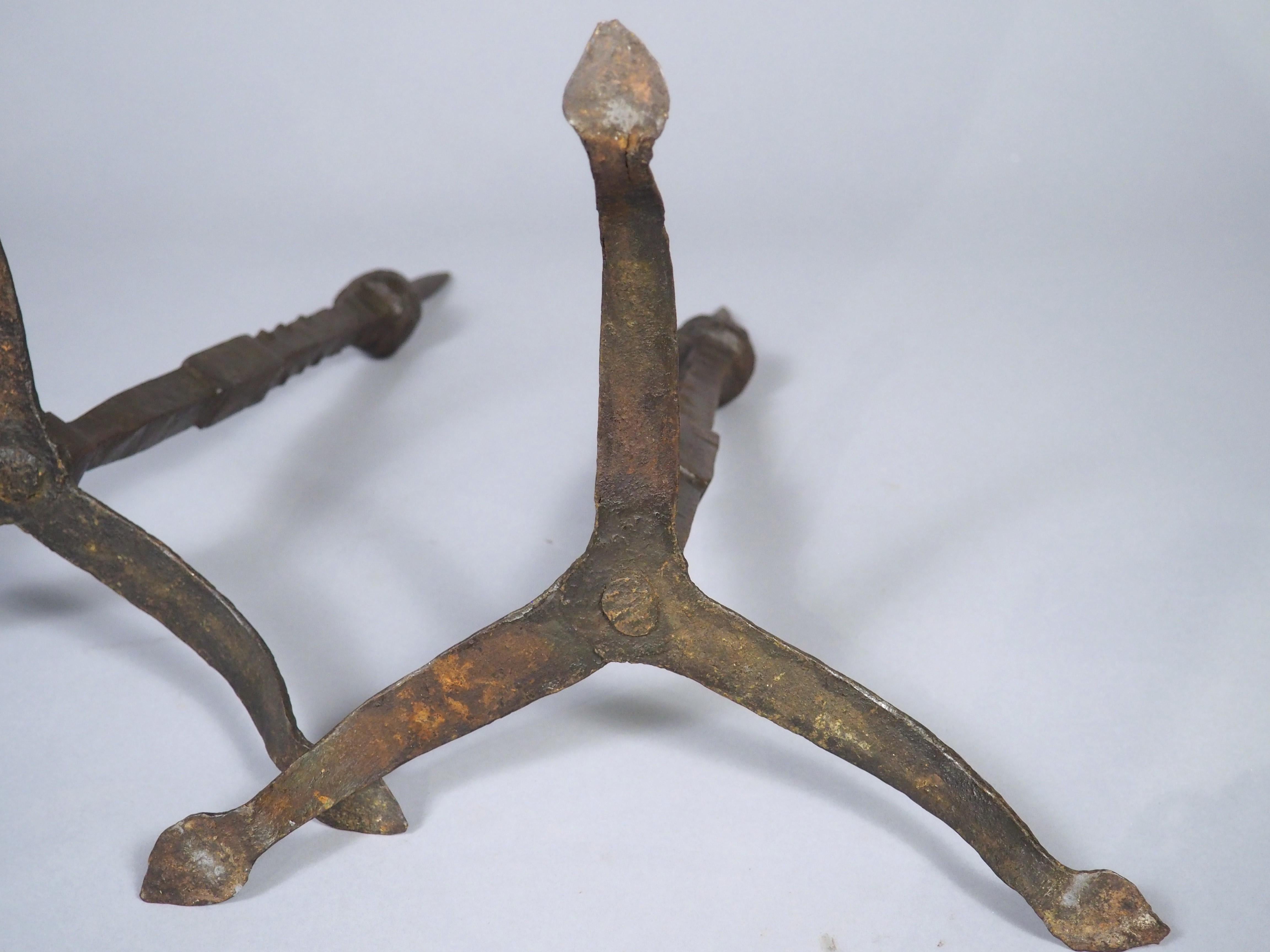 Pair of 16th or 17th Century Italian Forged Iron Tripod Pricket Candlesticks For Sale 8