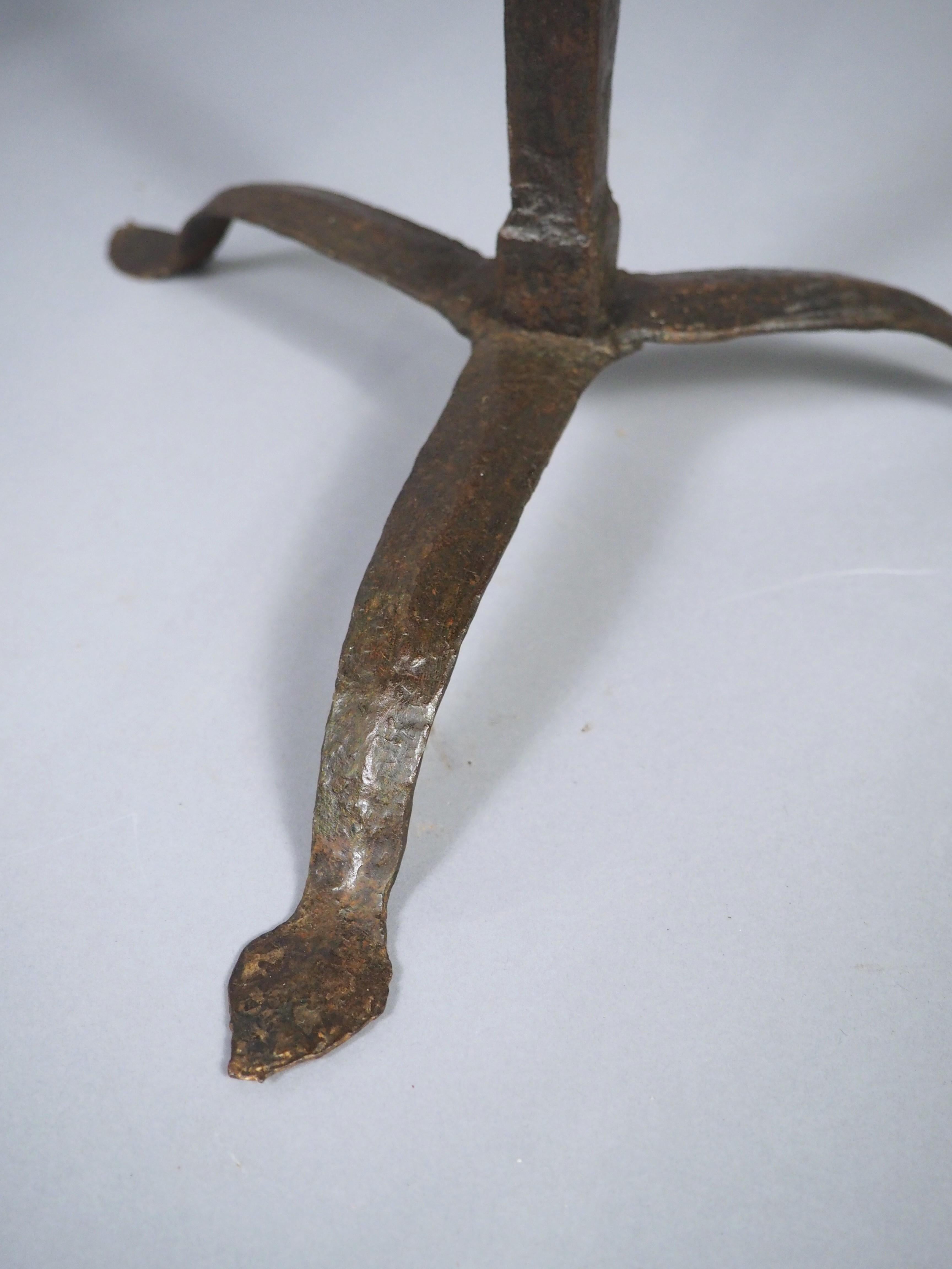 Pair of 16th or 17th Century Italian Forged Iron Tripod Pricket Candlesticks For Sale 9