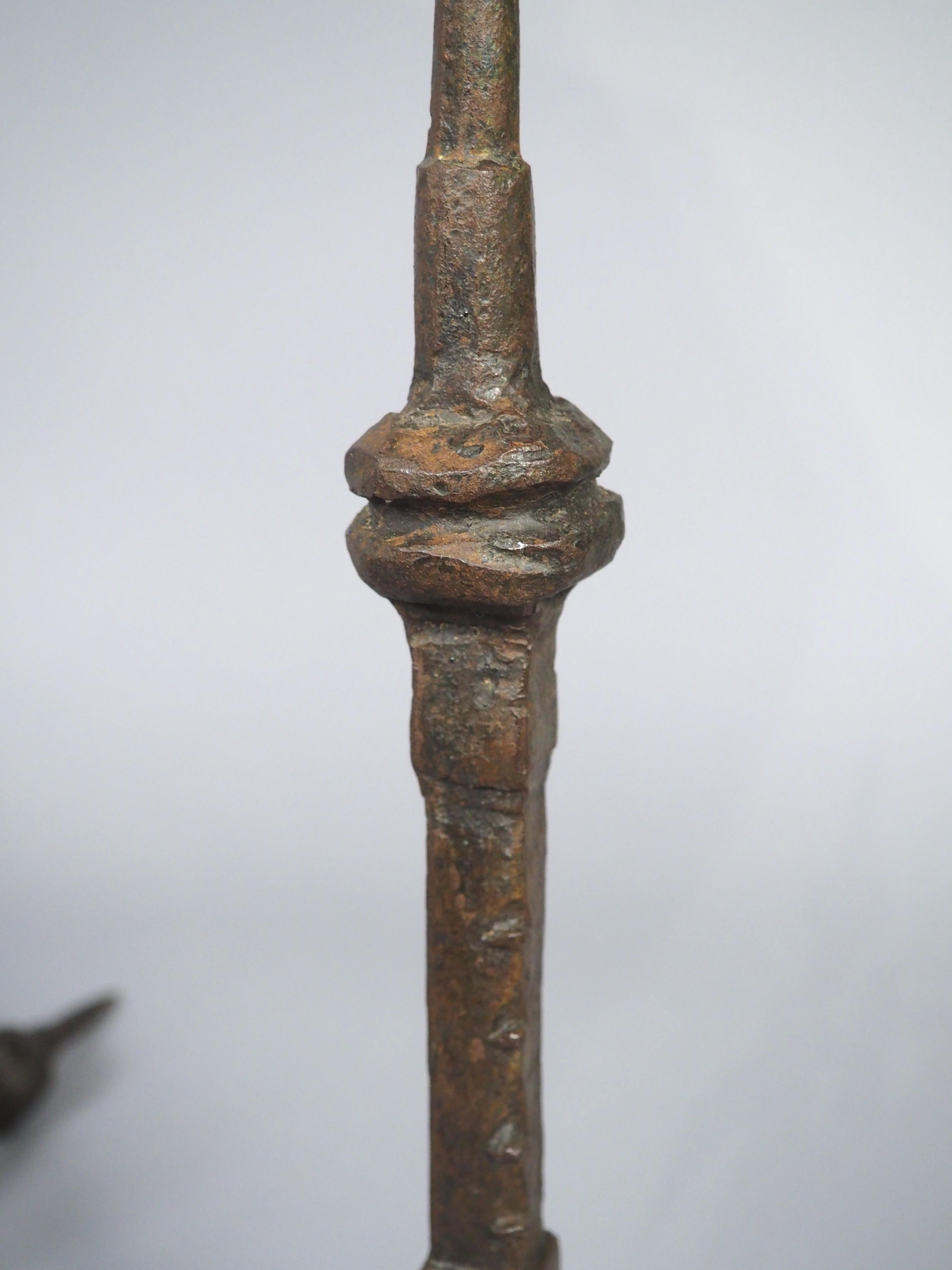 Pair of 16th or 17th Century Italian Forged Iron Tripod Pricket Candlesticks For Sale 10