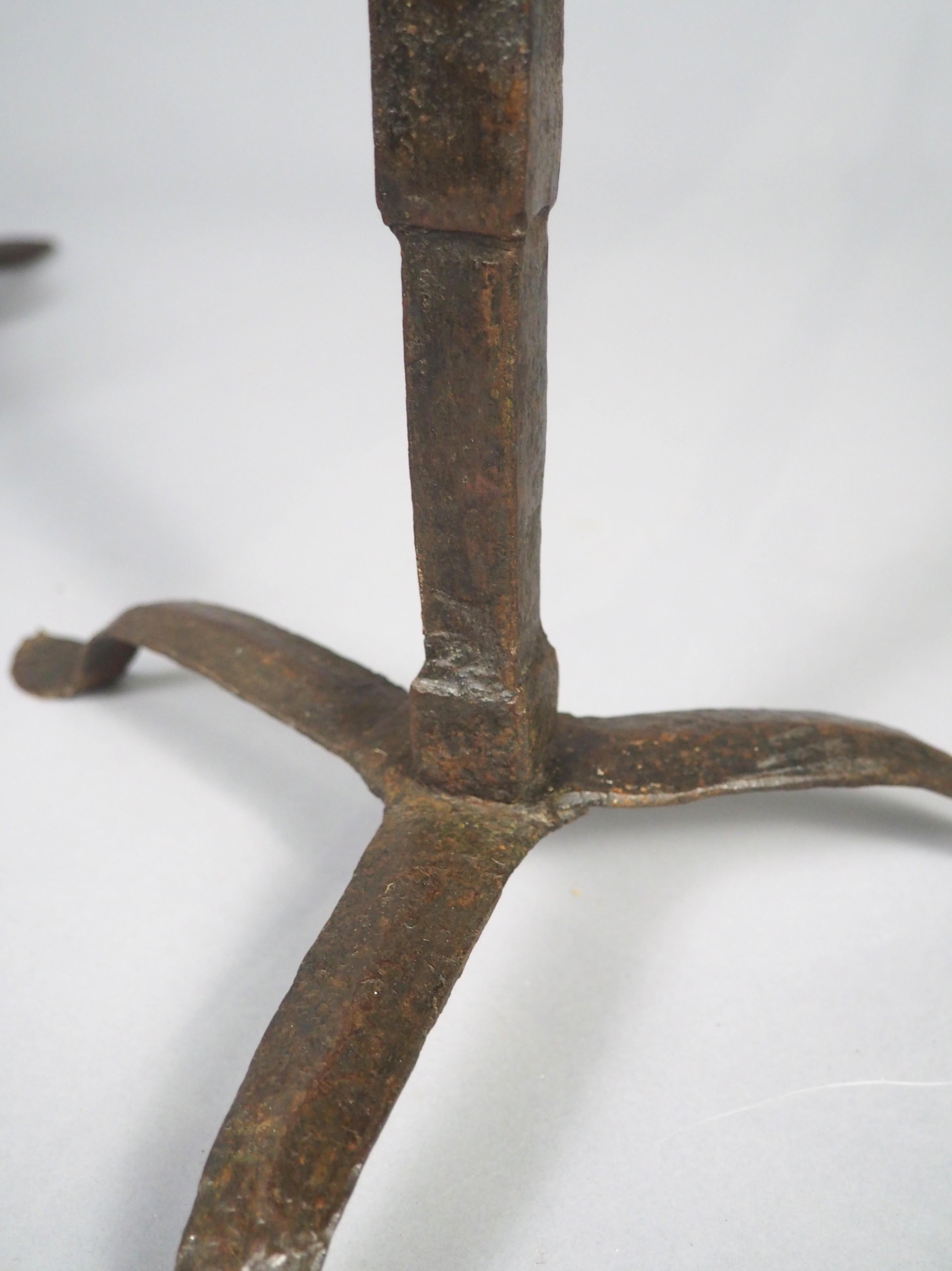 Pair of 16th or 17th Century Italian Forged Iron Tripod Pricket Candlesticks For Sale 11