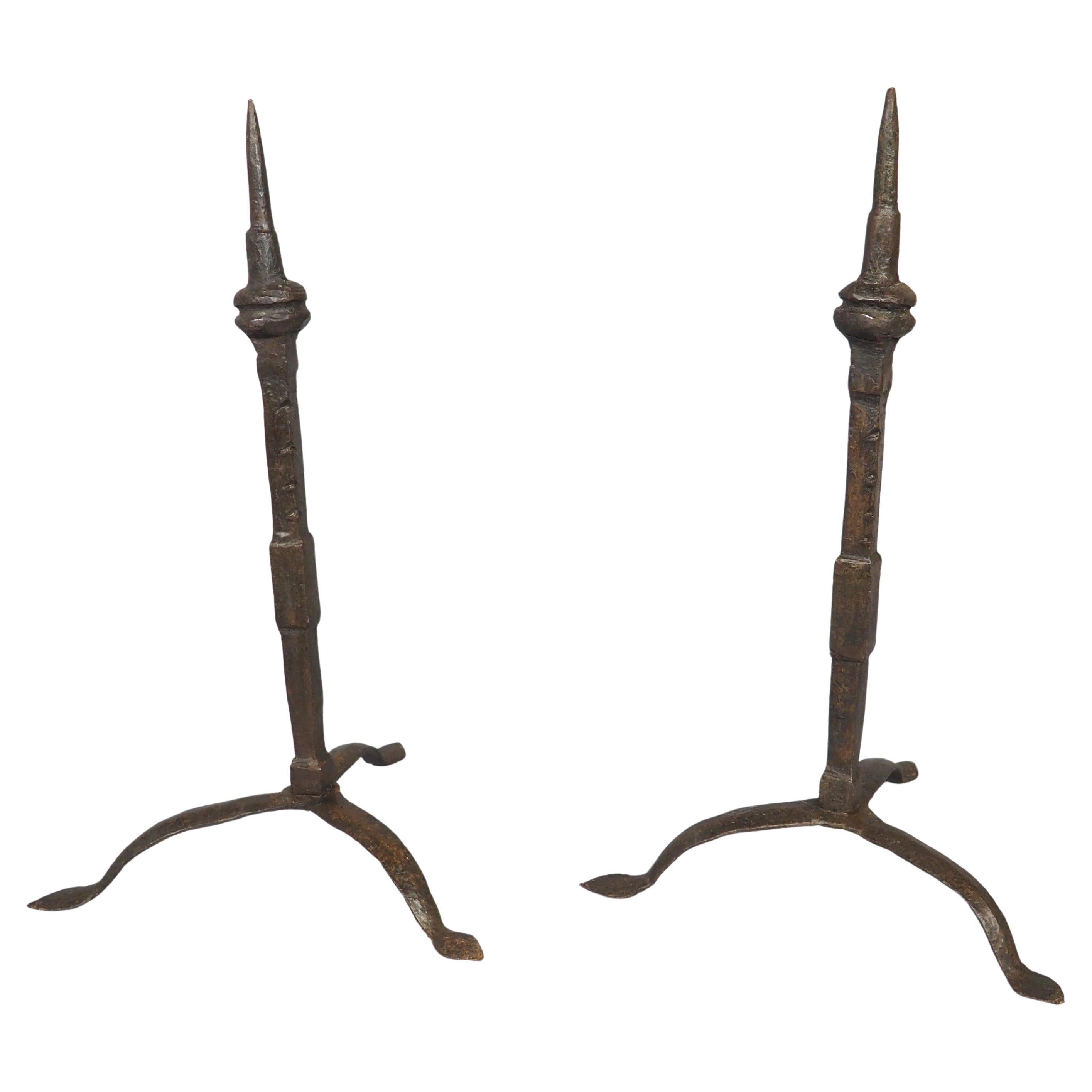 Pair of 16th or 17th Century Italian Forged Iron Tripod Pricket Candlesticks For Sale