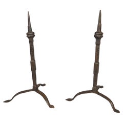 Pair of 16th or 17th Century Italian Forged Iron Tripod Pricket Candlesticks