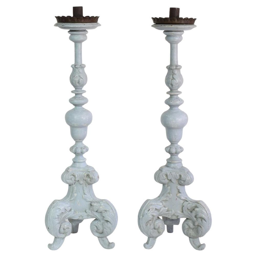 Pair of 17/18th Century Italian Carved Wooden Baroque Candleholders For Sale