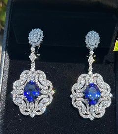 Pair of 17.87 Carat AAAA Intense Blue Tanzanite and Diamond 18K Gold Earrings