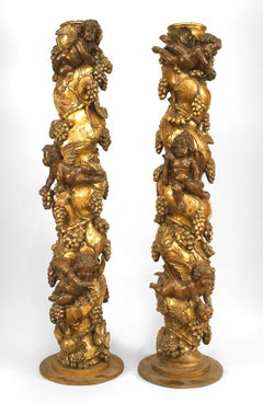 Pair of Italian Baroque Gilt-wood Carved Columns