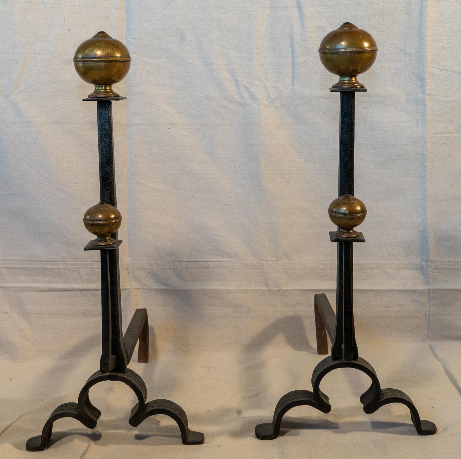English Pair of 17th Century Style Iron and Brass Hand Wrought Andirons