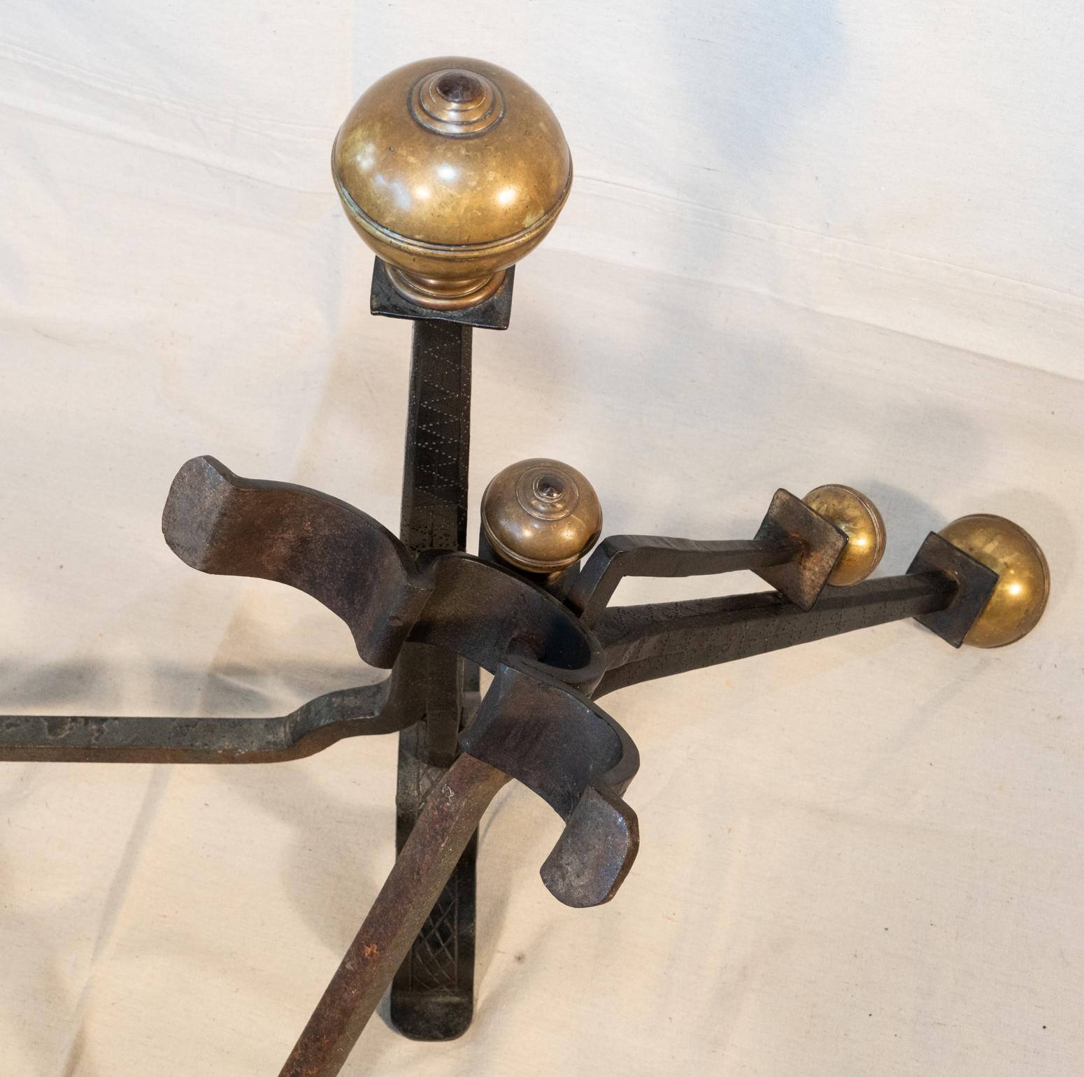 Cast Pair of 17th Century Style Iron and Brass Hand Wrought Andirons