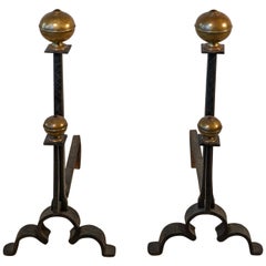 Pair of 17th Century Style Iron and Brass Hand Wrought Andirons