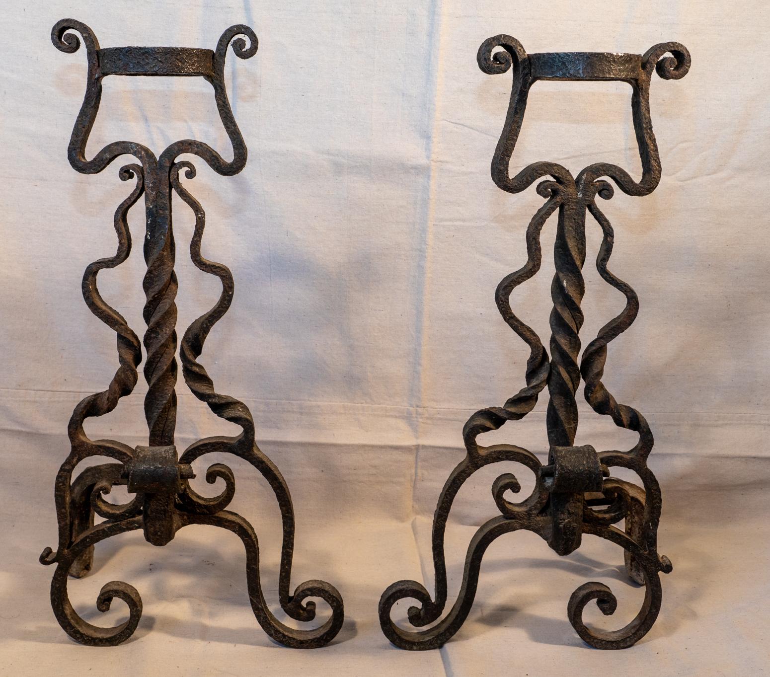 Pair of 17th century style Italian wrought / forged andirons 27.5