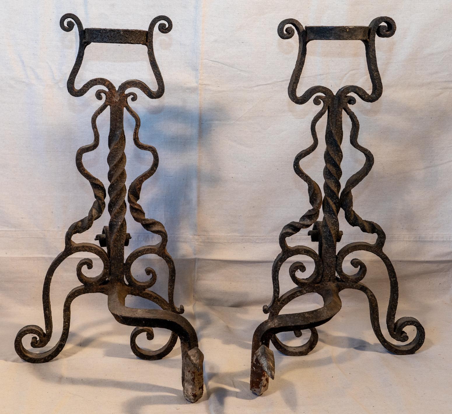 Baroque Revival Pair of 17th Century Style Italian Wrought / Forged Andirons For Sale