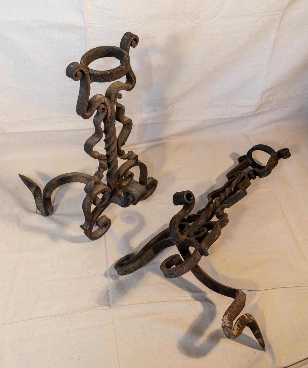 Hand-Crafted Pair of 17th Century Style Italian Wrought / Forged Andirons For Sale