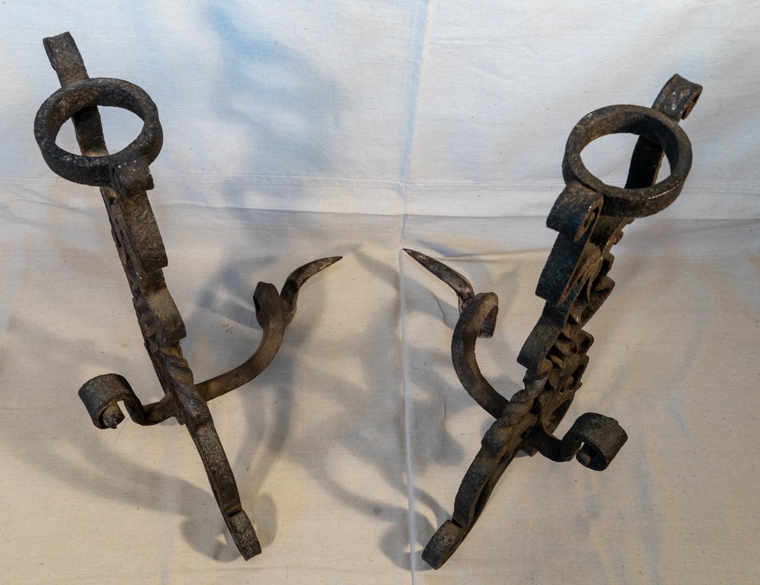 Pair of 17th Century Style Italian Wrought / Forged Andirons In Distressed Condition For Sale In San Francisco, CA