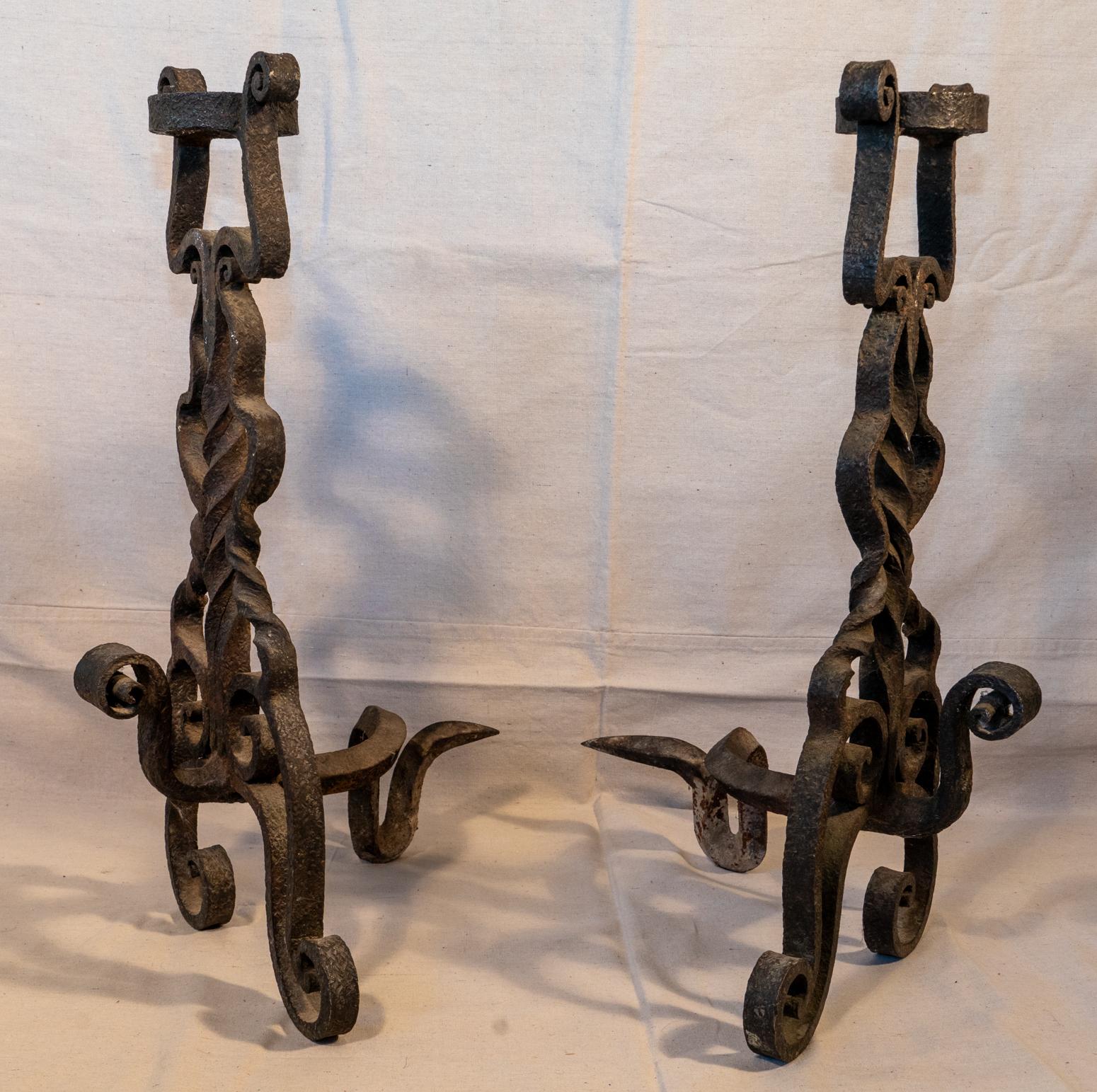 Late 19th Century Pair of 17th Century Style Italian Wrought / Forged Andirons For Sale