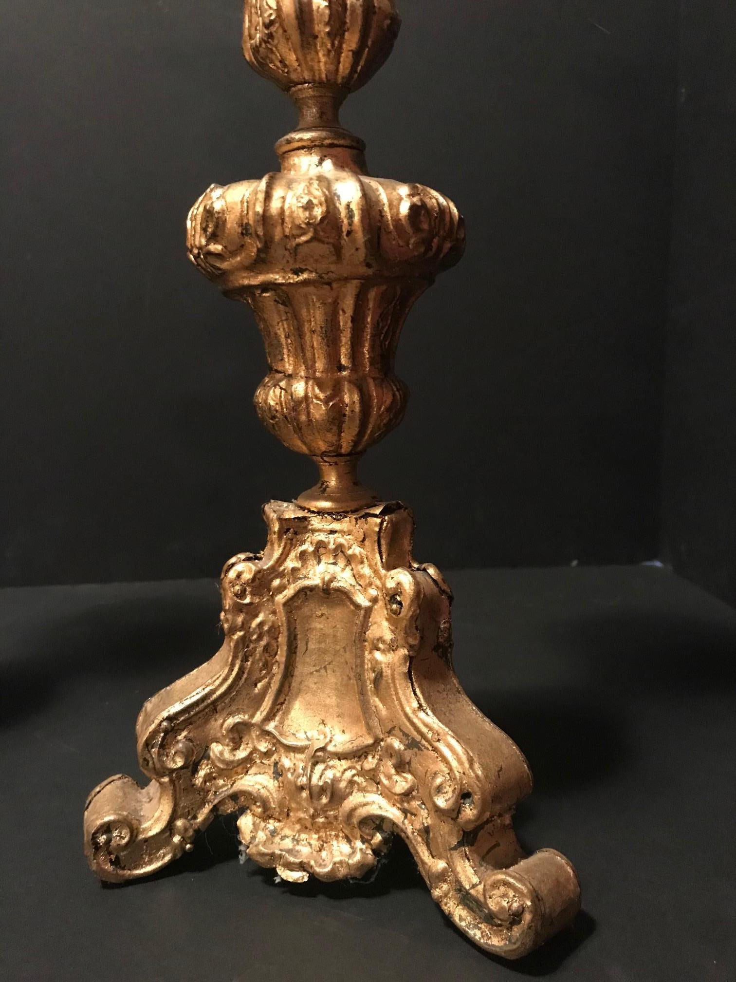 Italian Pair of 17th Century Baroque Gilded Brass Pricket Candlesticks