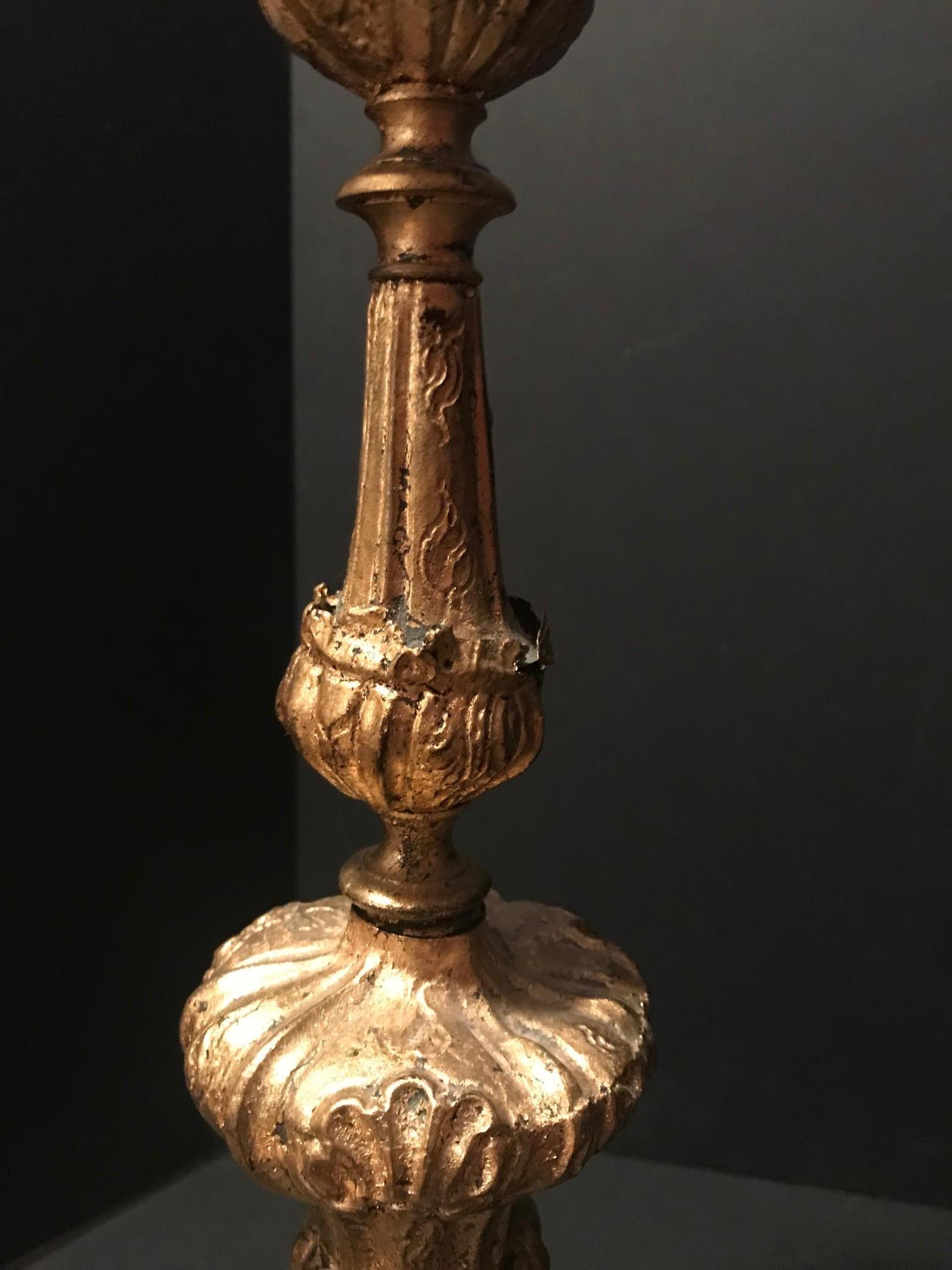 Gilt Pair of 17th Century Baroque Gilded Brass Pricket Candlesticks