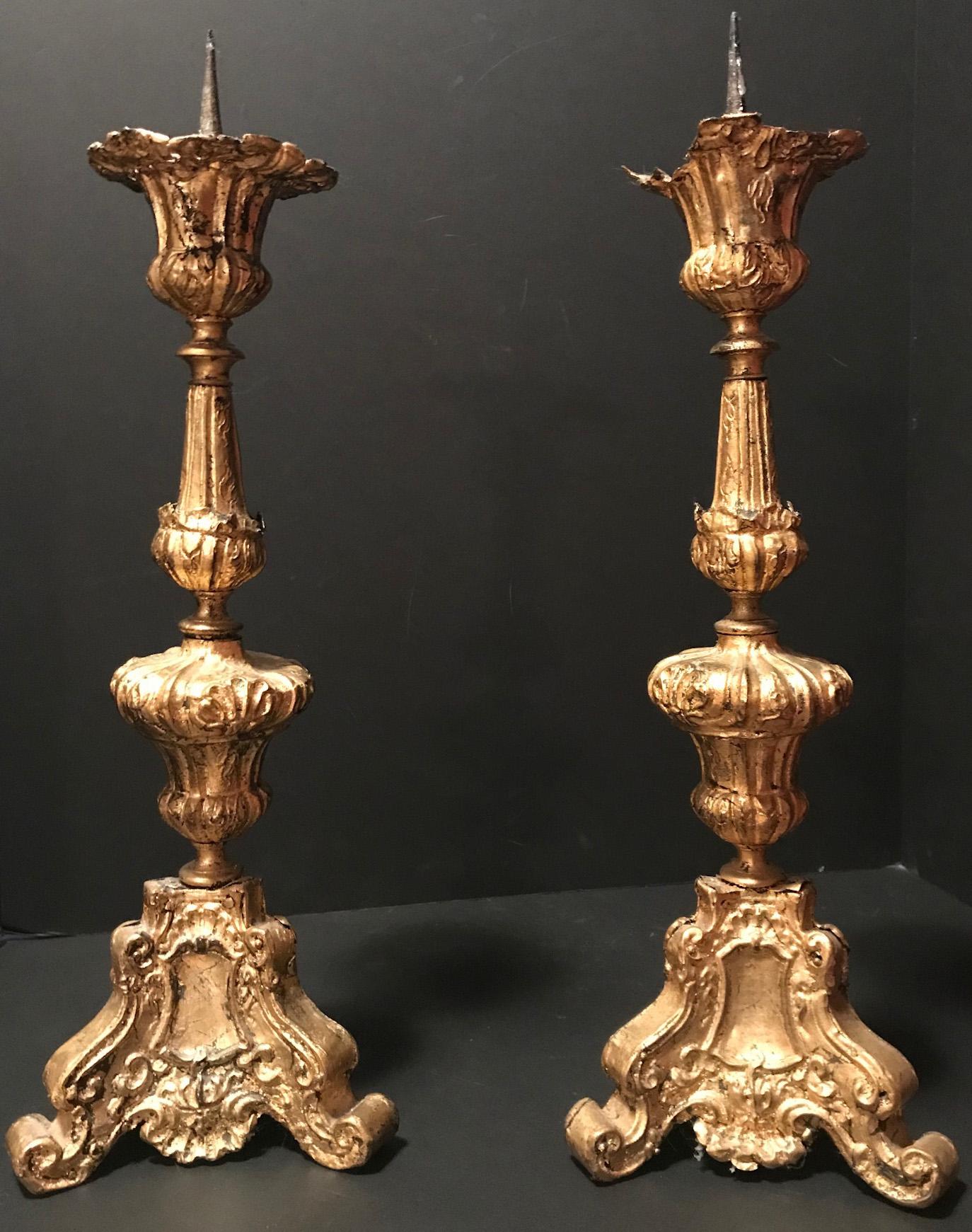 Pair of 17th Century Baroque Gilded Brass Pricket Candlesticks 2