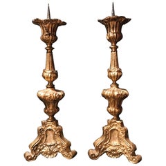 Pair of 17th Century Baroque Gilded Brass Pricket Candlesticks