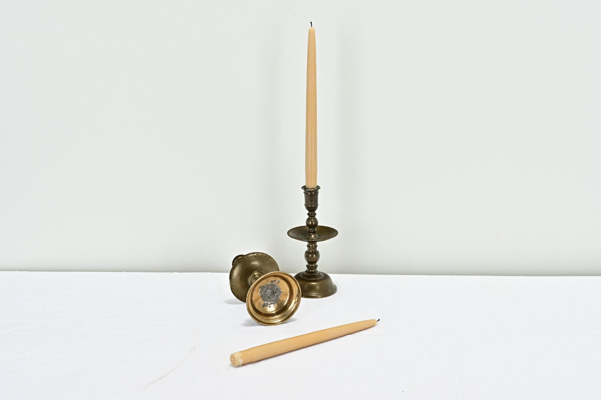 Pair of 17th Century Brass Candlesticks For Sale 4