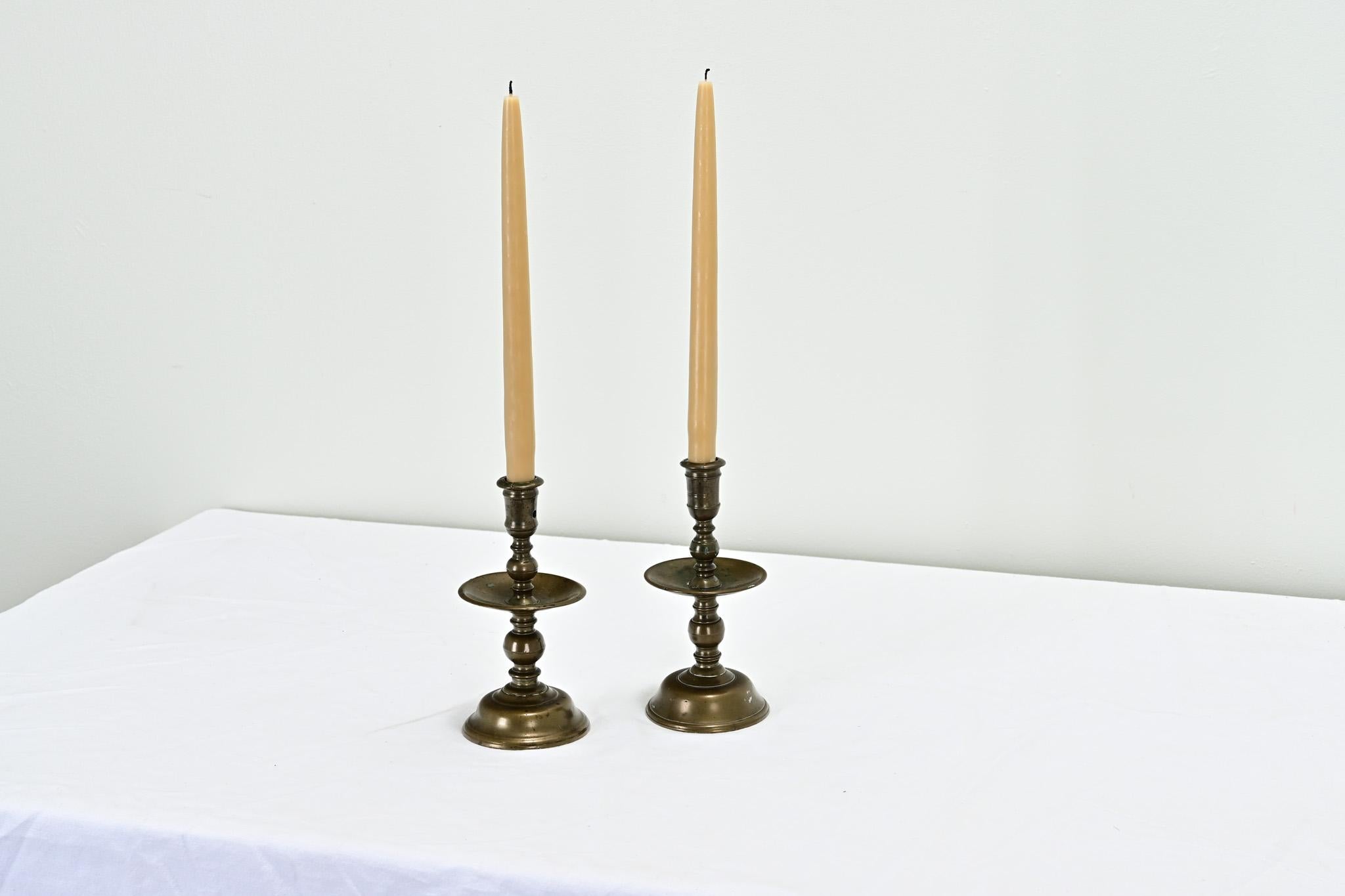 18th Century and Earlier Pair of 17th Century Brass Candlesticks For Sale