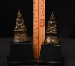Pair of 17th-Century Burmese Bronze Mon Style Buddhas on Custom Bases. Well Cast