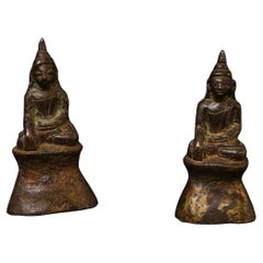 Pair of 17th-Century Burmese Bronze Mon Style Buddhas on Custom Bases. Well Cast
