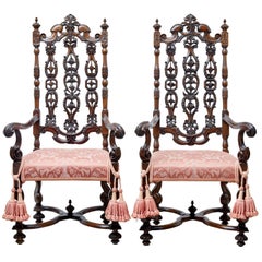 Pair of 17th Century Carolean Carved Walnut Armchairs