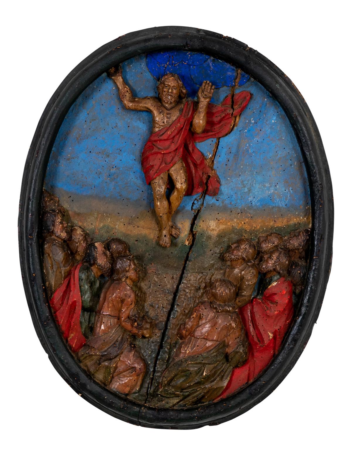 Circa 17th century pair of Italian Baroque style carved and painted walnut plaques depicting Christ preaching and post Resurrection. Made in Italy. Please note of wear consistent with age including minor damage, cracks and in painting. The piece is