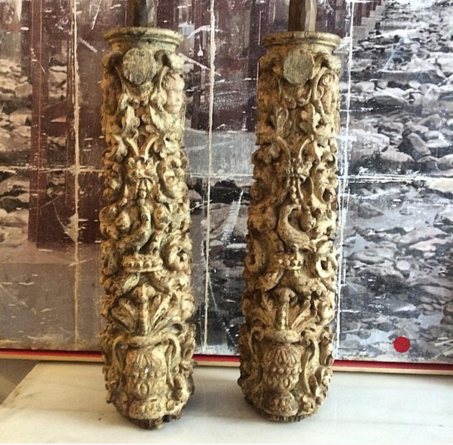 Pair of 17th Century Carved and Polychromed Portuguese Columns 4