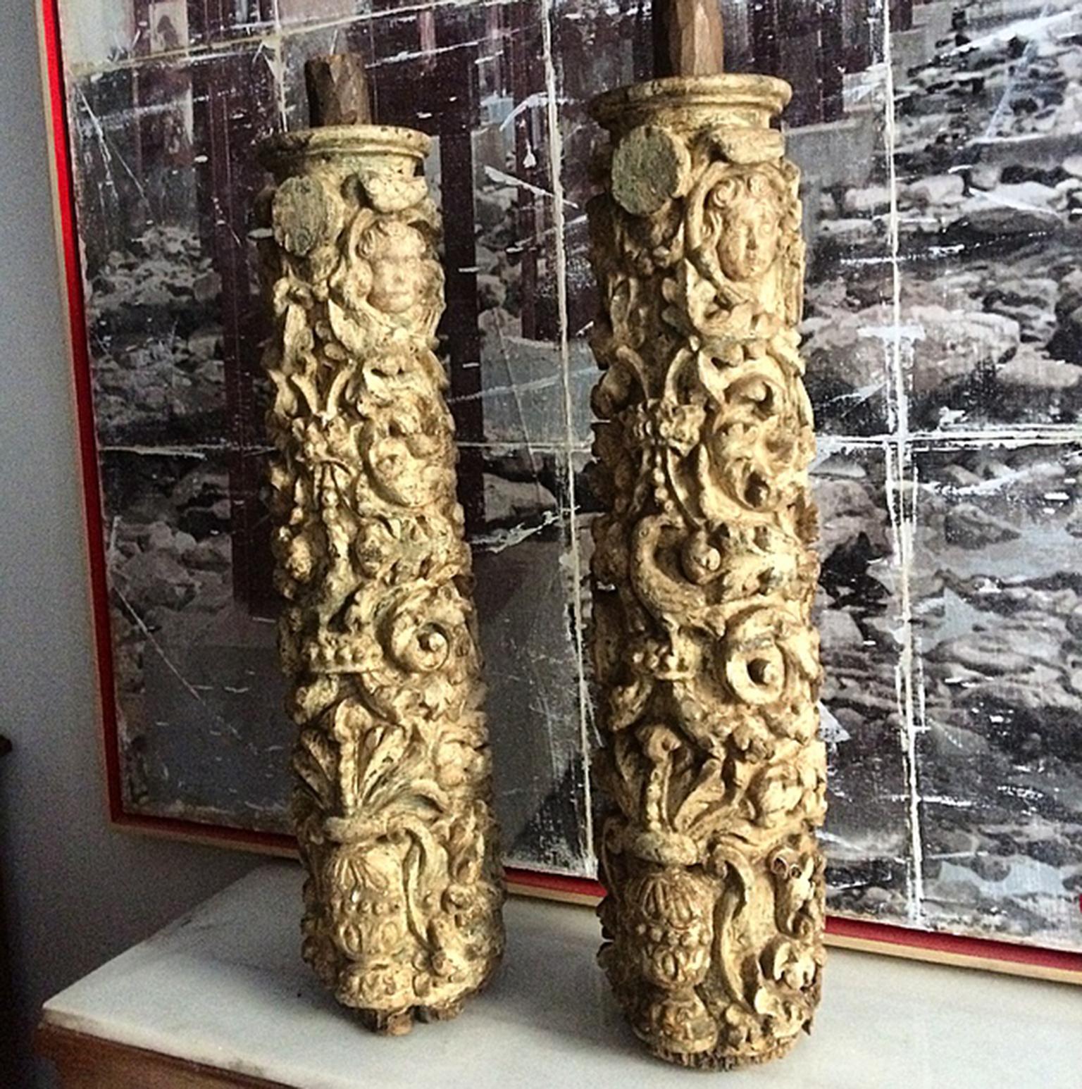 Pair of 17th Century Carved and Polychromed Portuguese Columns 5