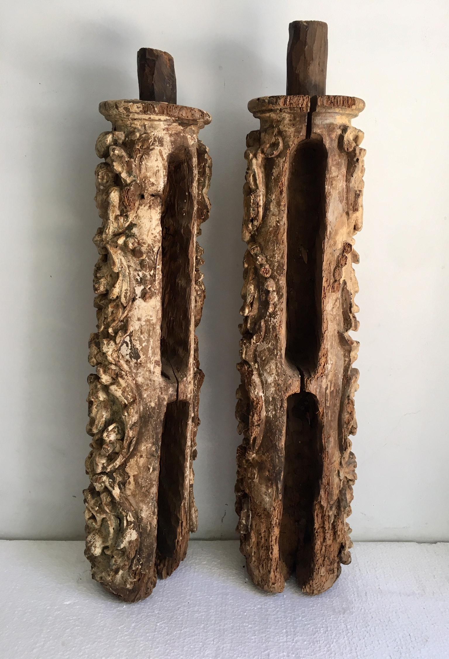 Pair of 17th Century Carved and Polychromed Portuguese Columns 1