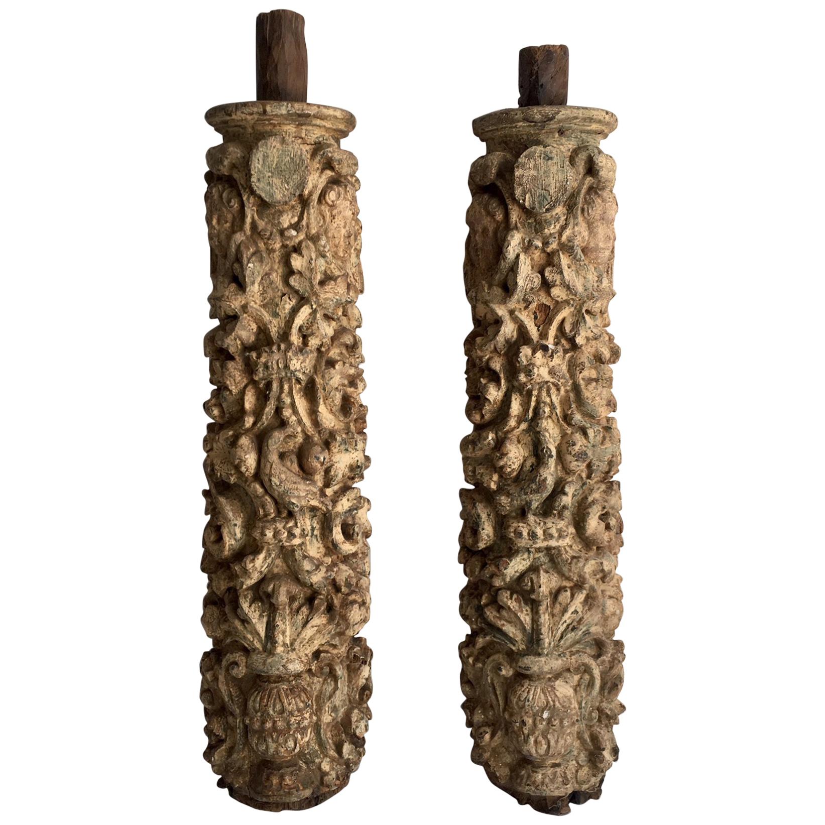 Pair of 17th Century Carved and Polychromed Portuguese Columns
