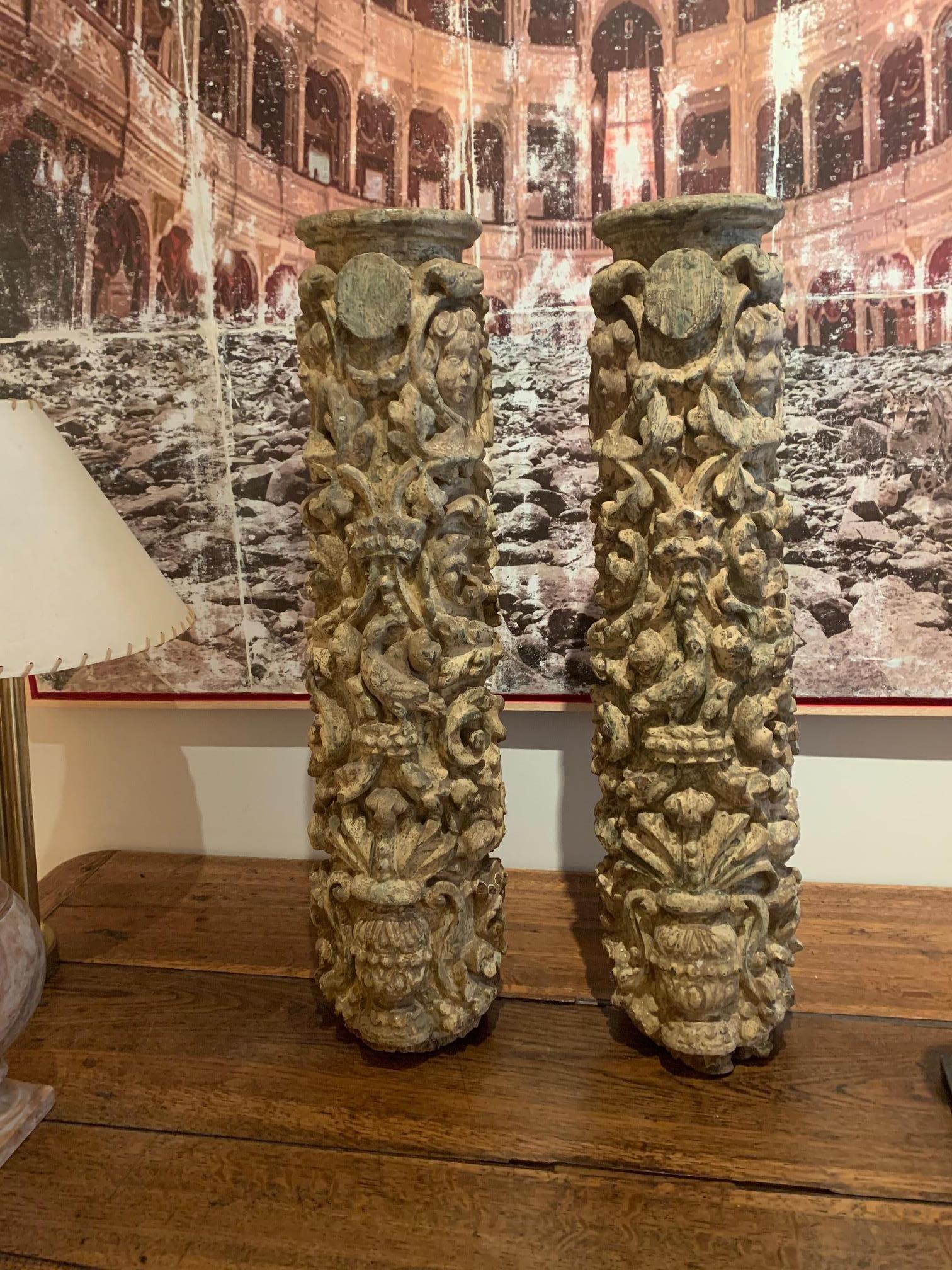Pair of 17th Century Carved and Polychromed Wood Portuguese Columns 7