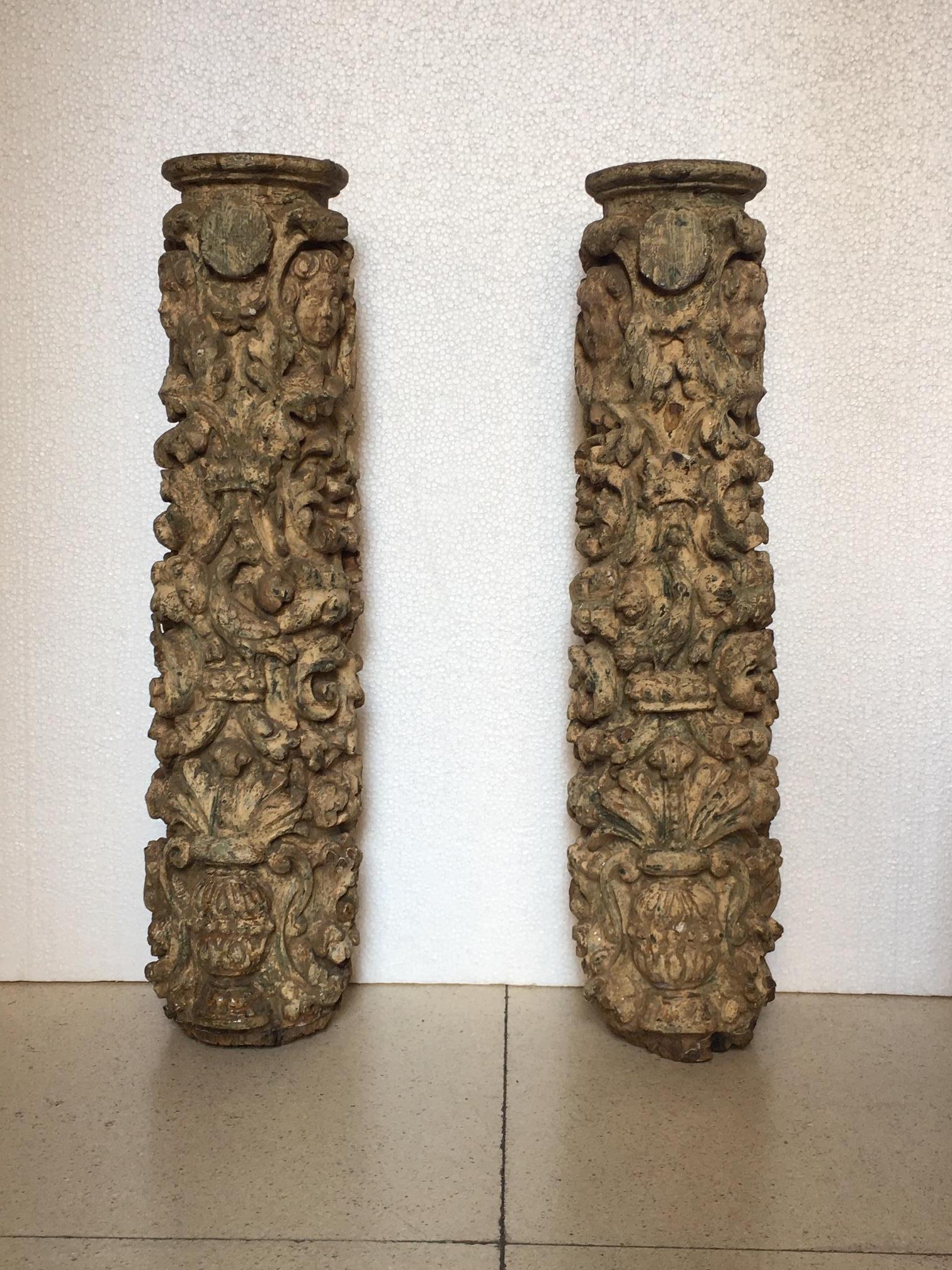 Pair of 17th Century Carved and Polychromed Wood Portuguese Columns 10