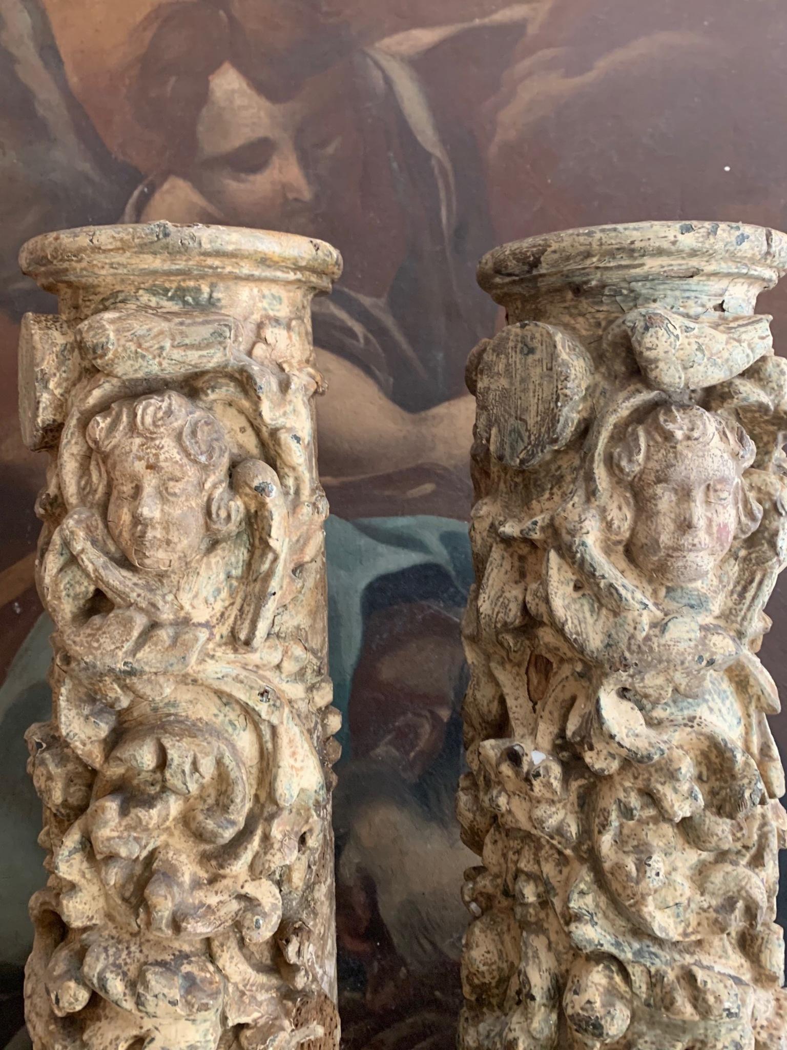 Pair of 17th Century Carved and Polychromed Wood Portuguese Columns 1