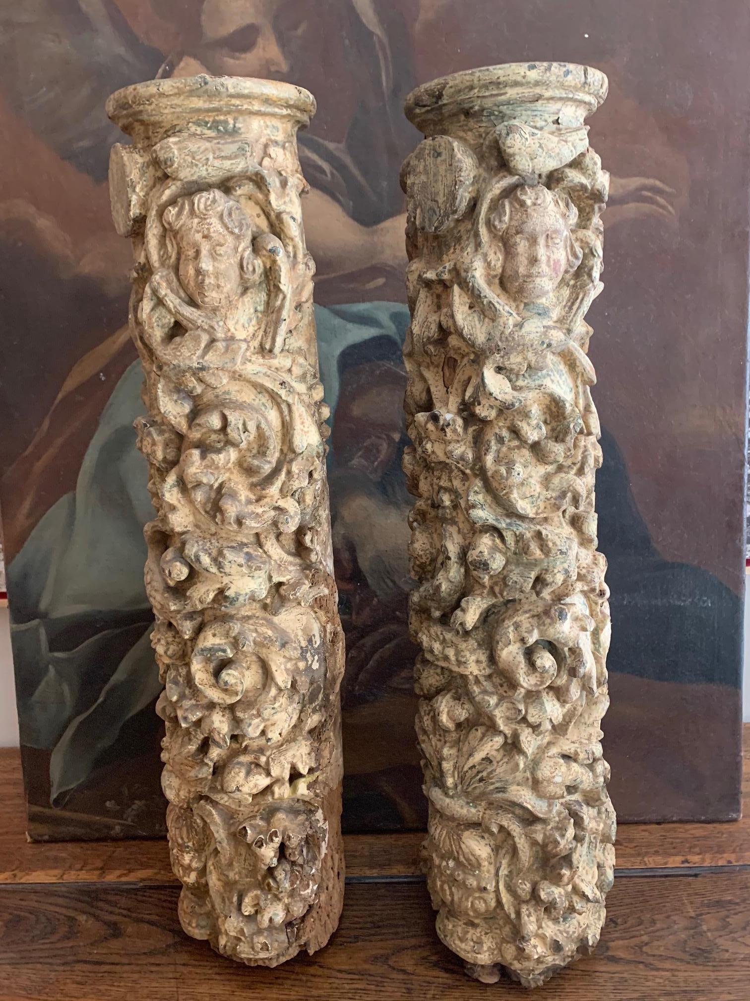 Pair of 17th Century Carved and Polychromed Wood Portuguese Columns 2