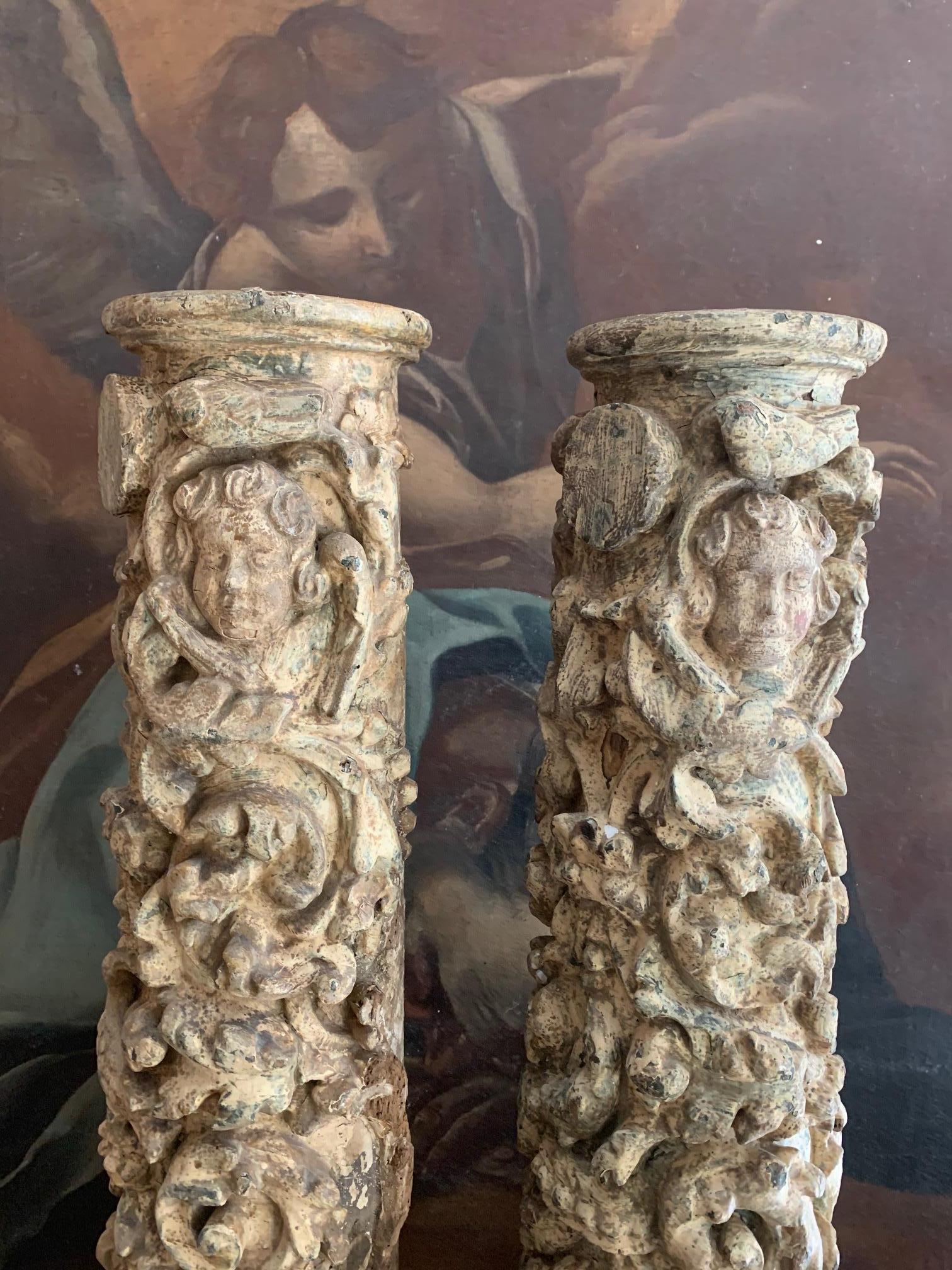 Pair of 17th Century Carved and Polychromed Wood Portuguese Columns 3