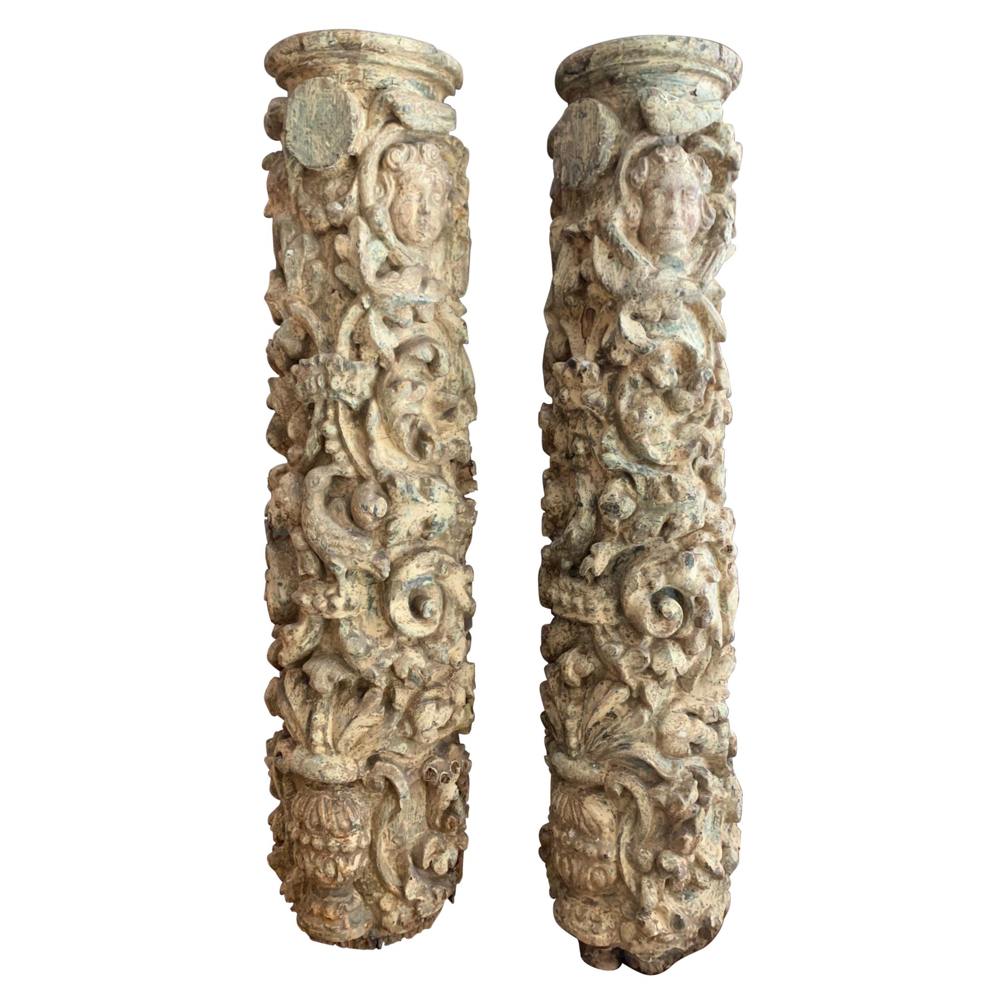 Pair of 17th Century Carved and Polychromed Wood Portuguese Columns