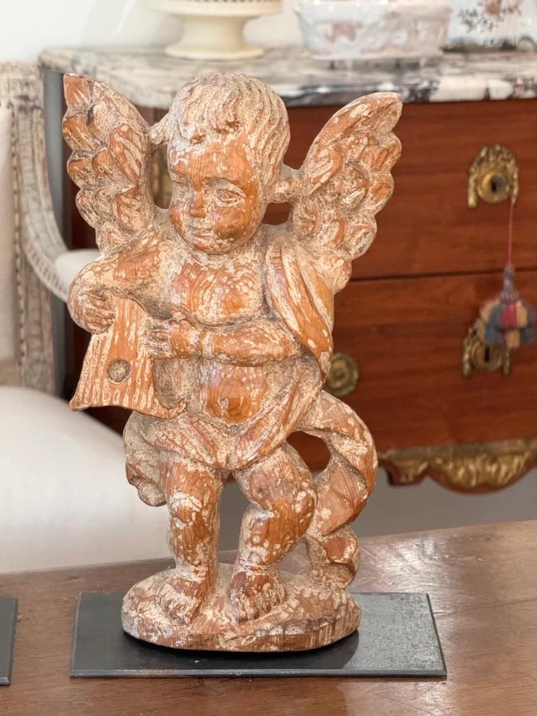 Wood Pair of 17th Century Carved Cherubs on Stands For Sale