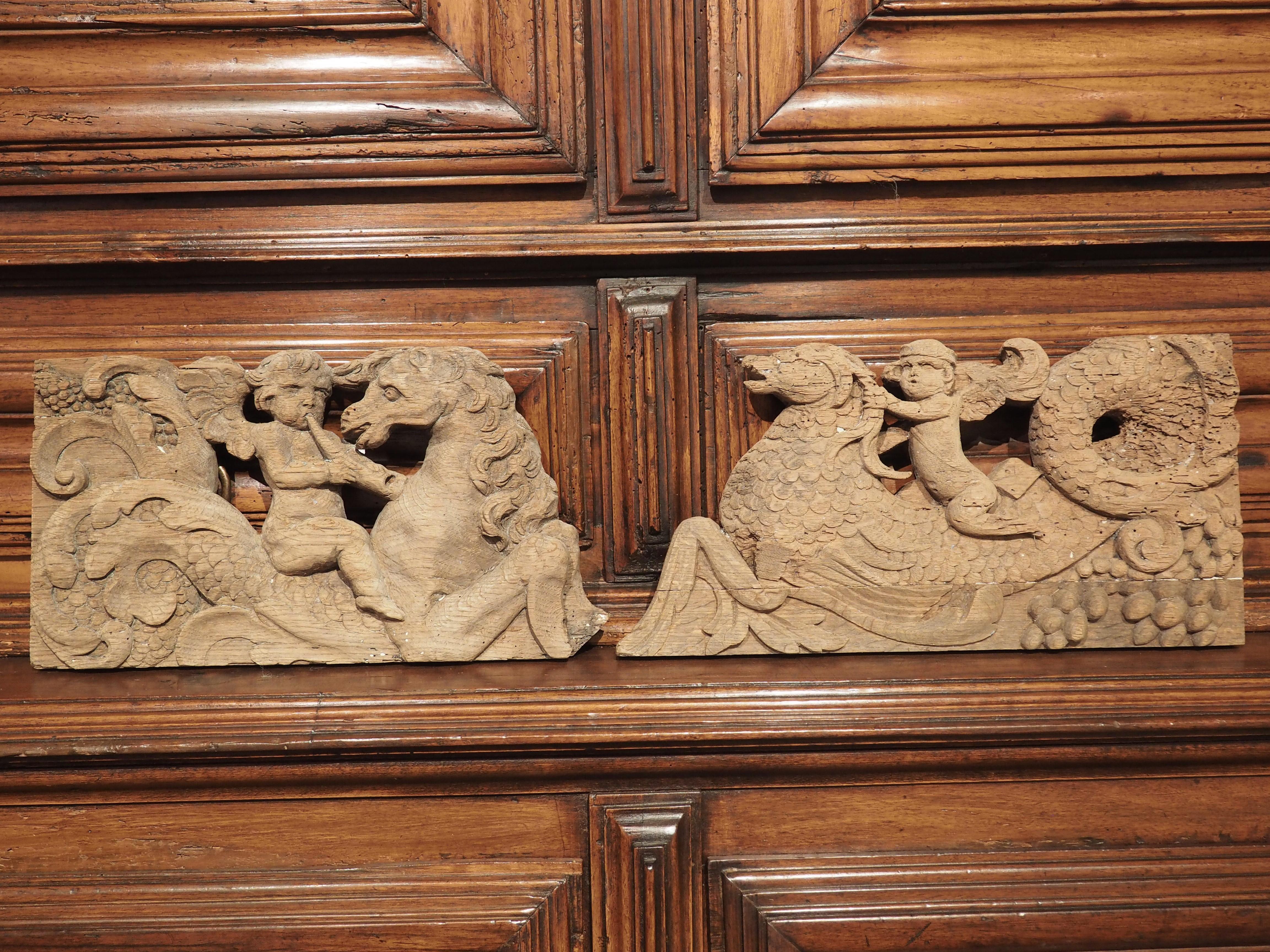 Baroque Pair of 17th Century Carved Oak Seahorse Carvings from England