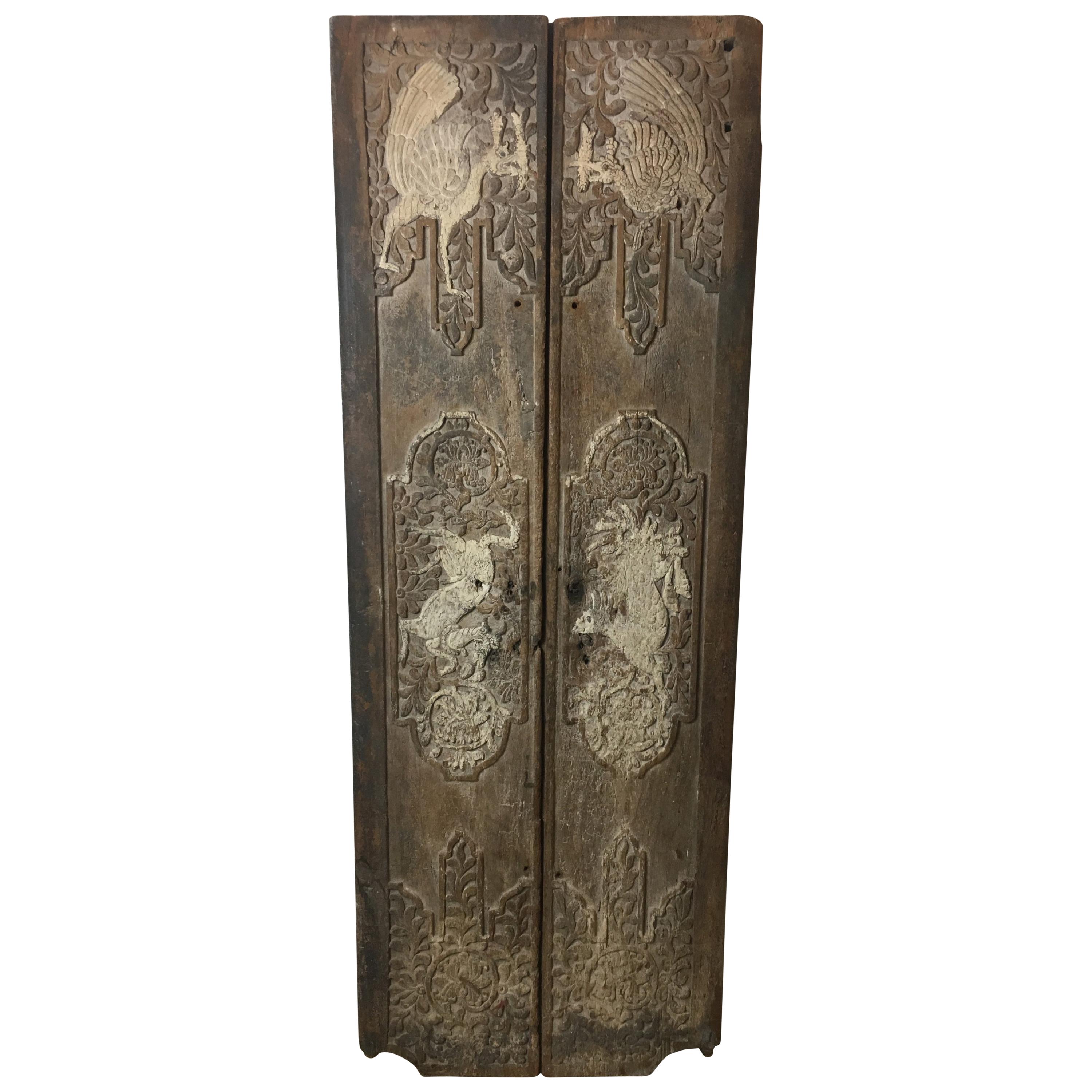 Pair of 17th Century Chinese Hand-Carved Doors or Decorative Wall Panels