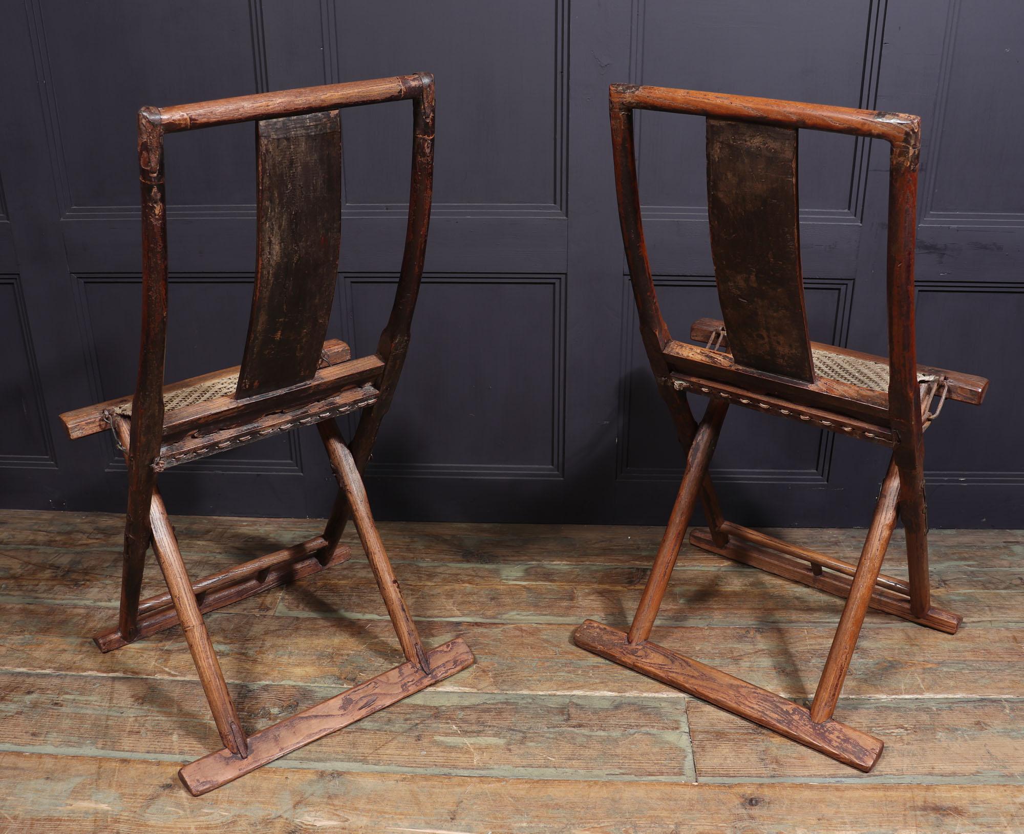 Elm Pair of 17th Century Chinese Folding Traveling Chairs