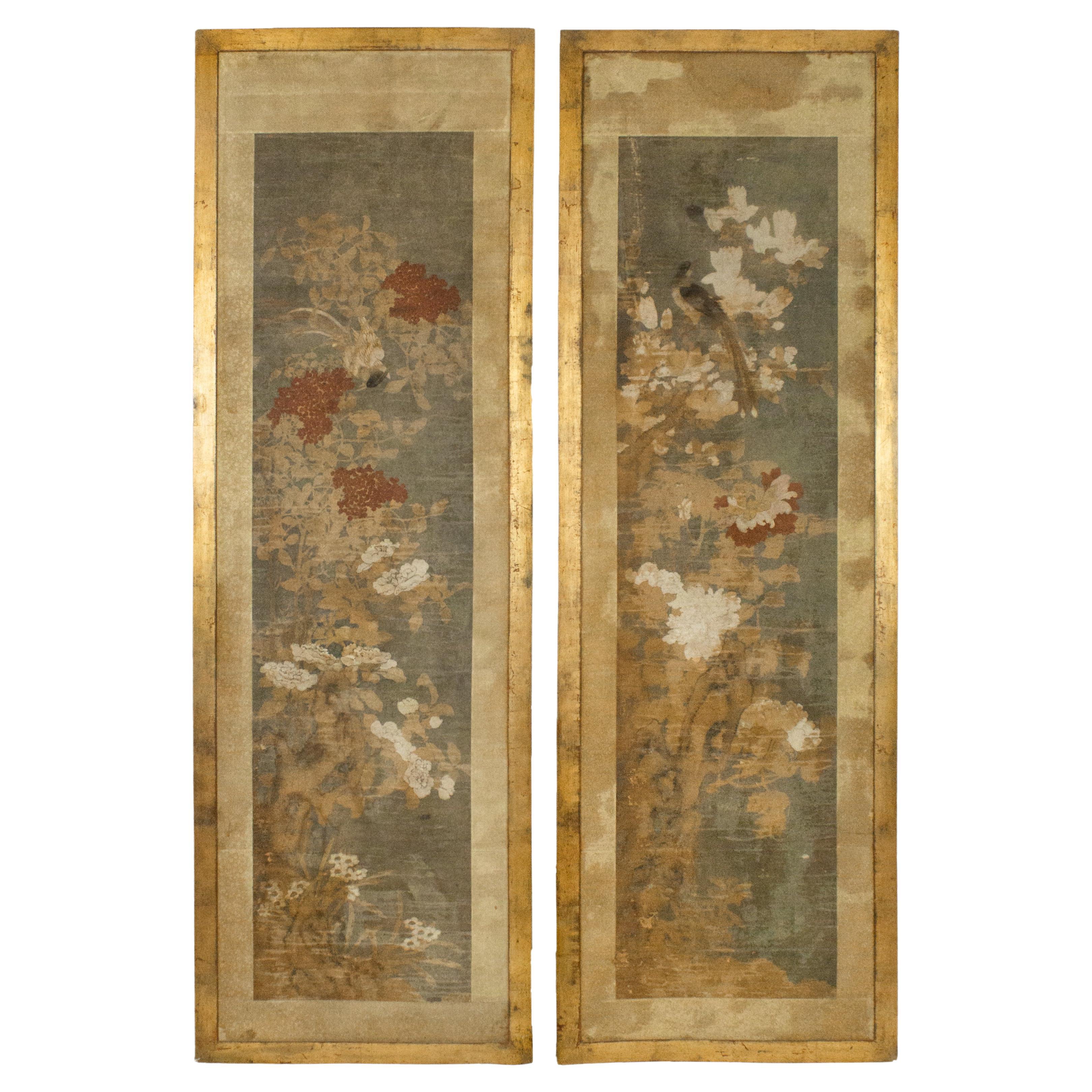 Pair of 17th Century Chinese Huaniaohua Paintings with Gilded Frames For Sale