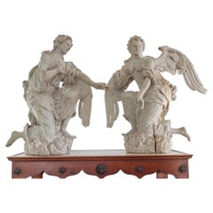 Pair of 17th Century Continental Carved Wood Angels Sculptures in Original Paint