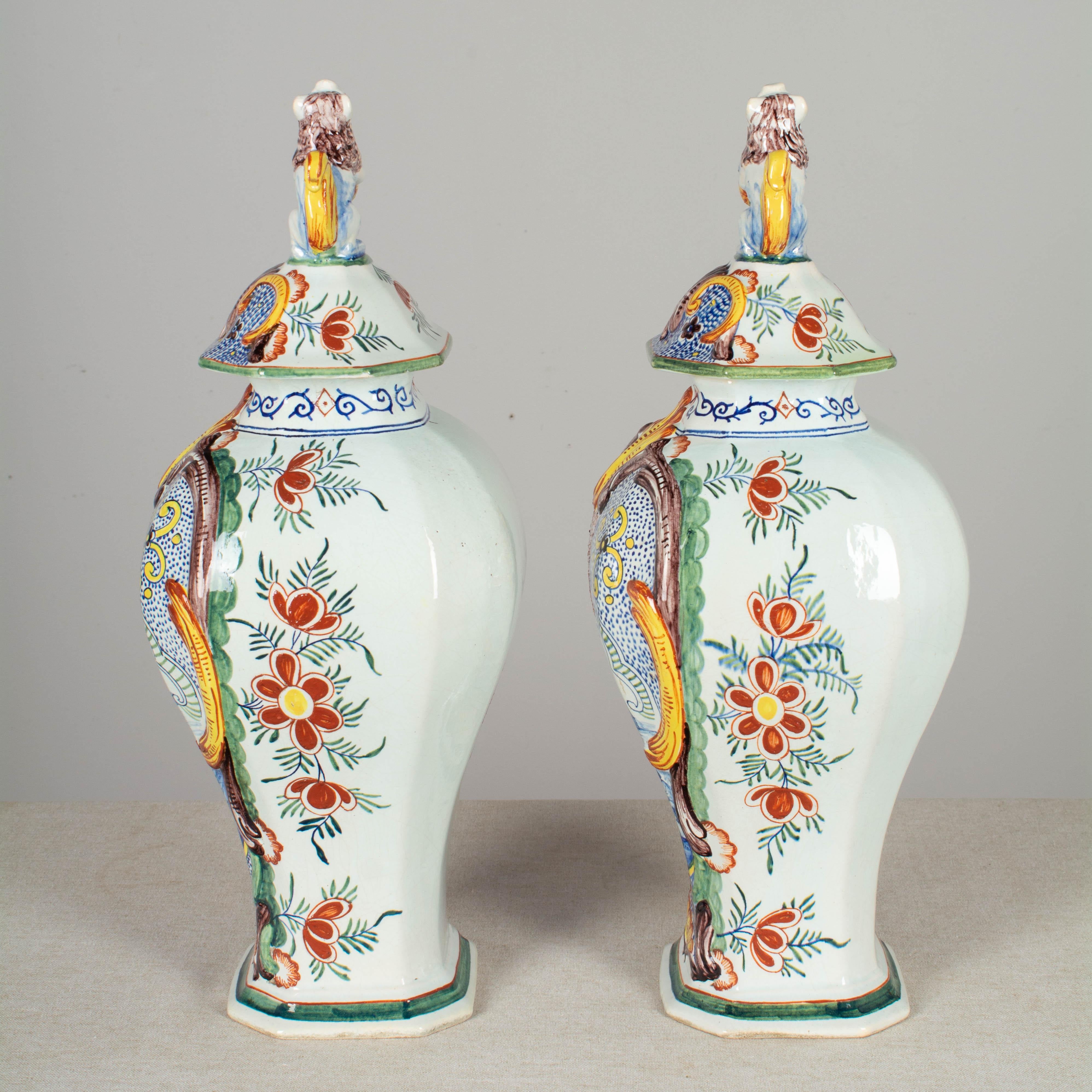 Dutch Pair of 17th Century Delft Polychrome Faience Jars
