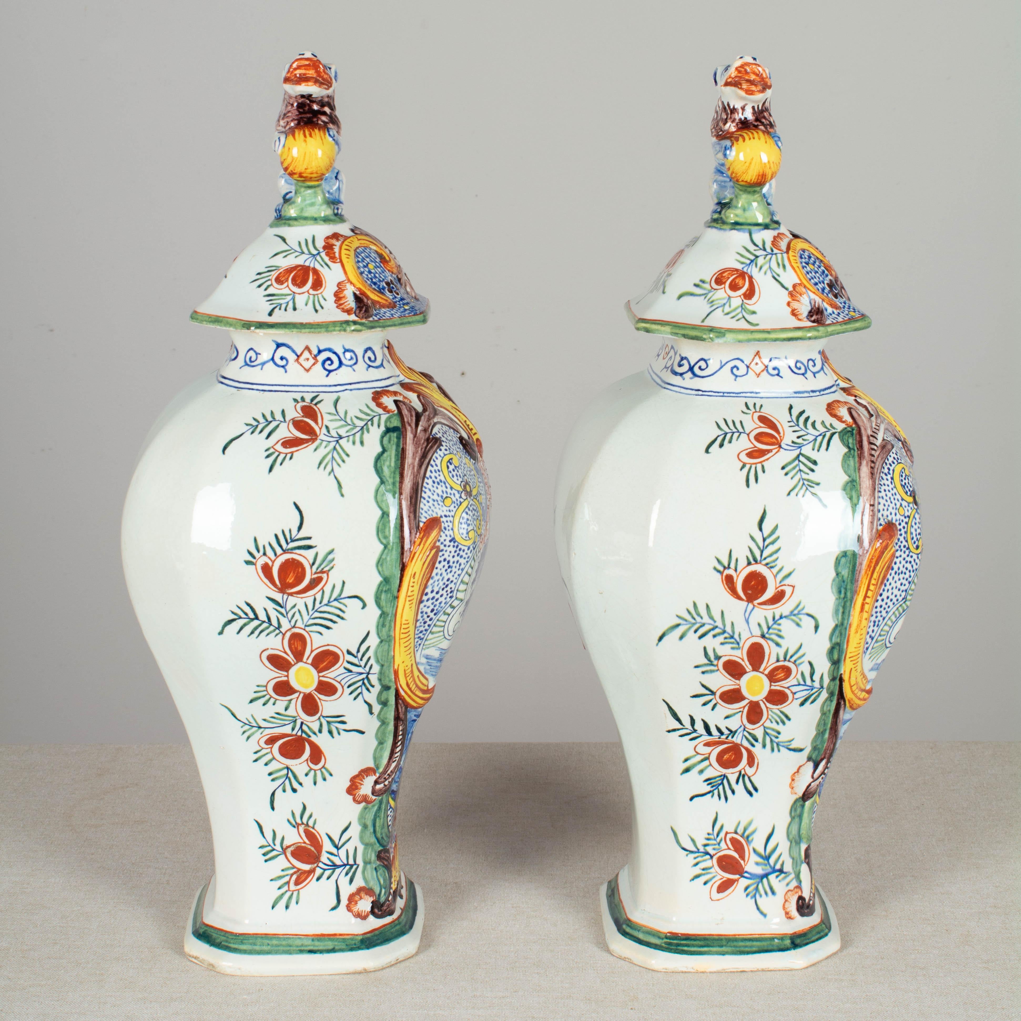 Hand-Painted Pair of 17th Century Delft Polychrome Faience Jars