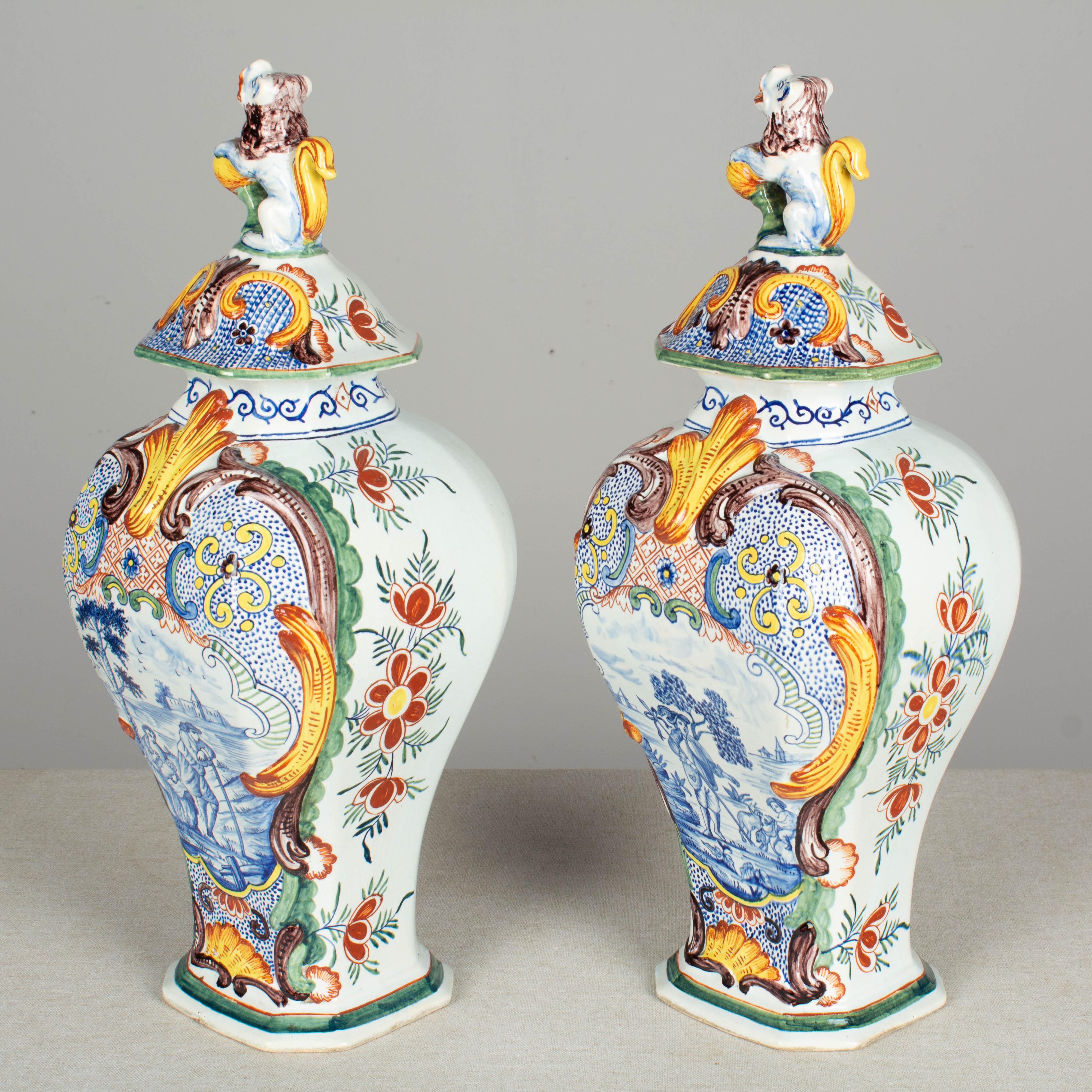 18th Century and Earlier Pair of 17th Century Delft Polychrome Faience Jars