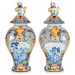 Pair of 17th Century Delft Polychrome Faience Jars