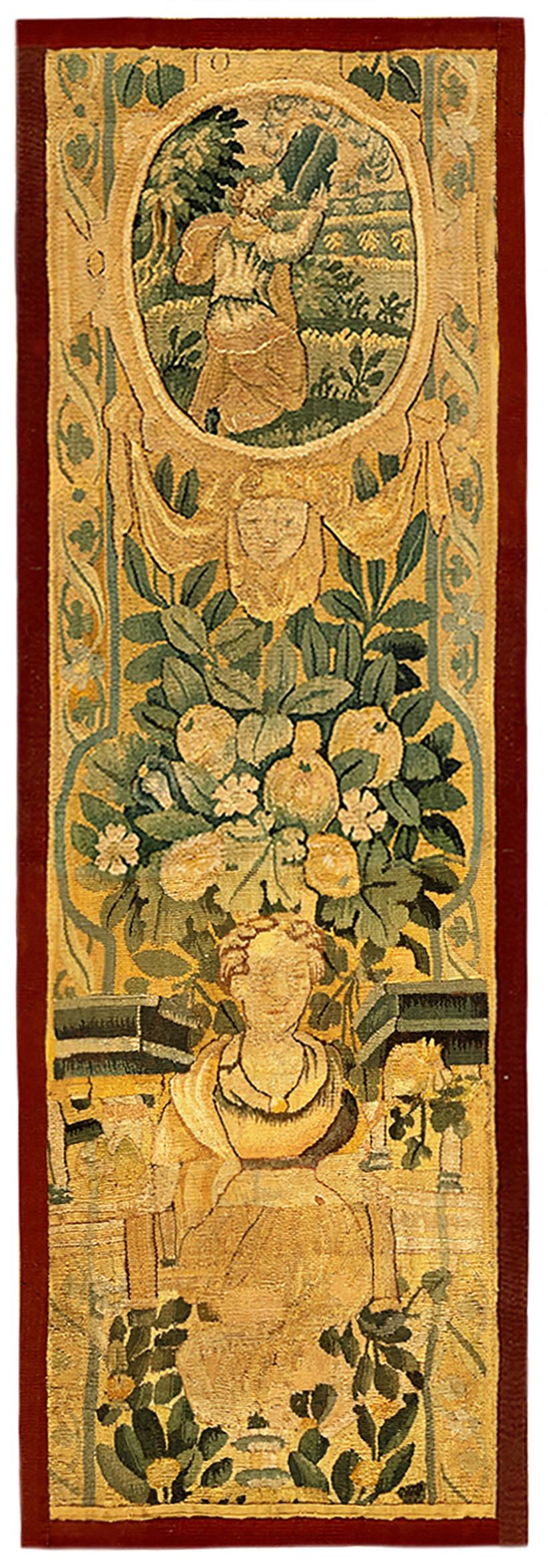 A pair of two 17th century Flemish Historical Tapestry Panels. These vertically oriented decorative tapestry panels depict female figures at bottom, with floral reserve above them, and with other female figures in pendant cartouches at top. The