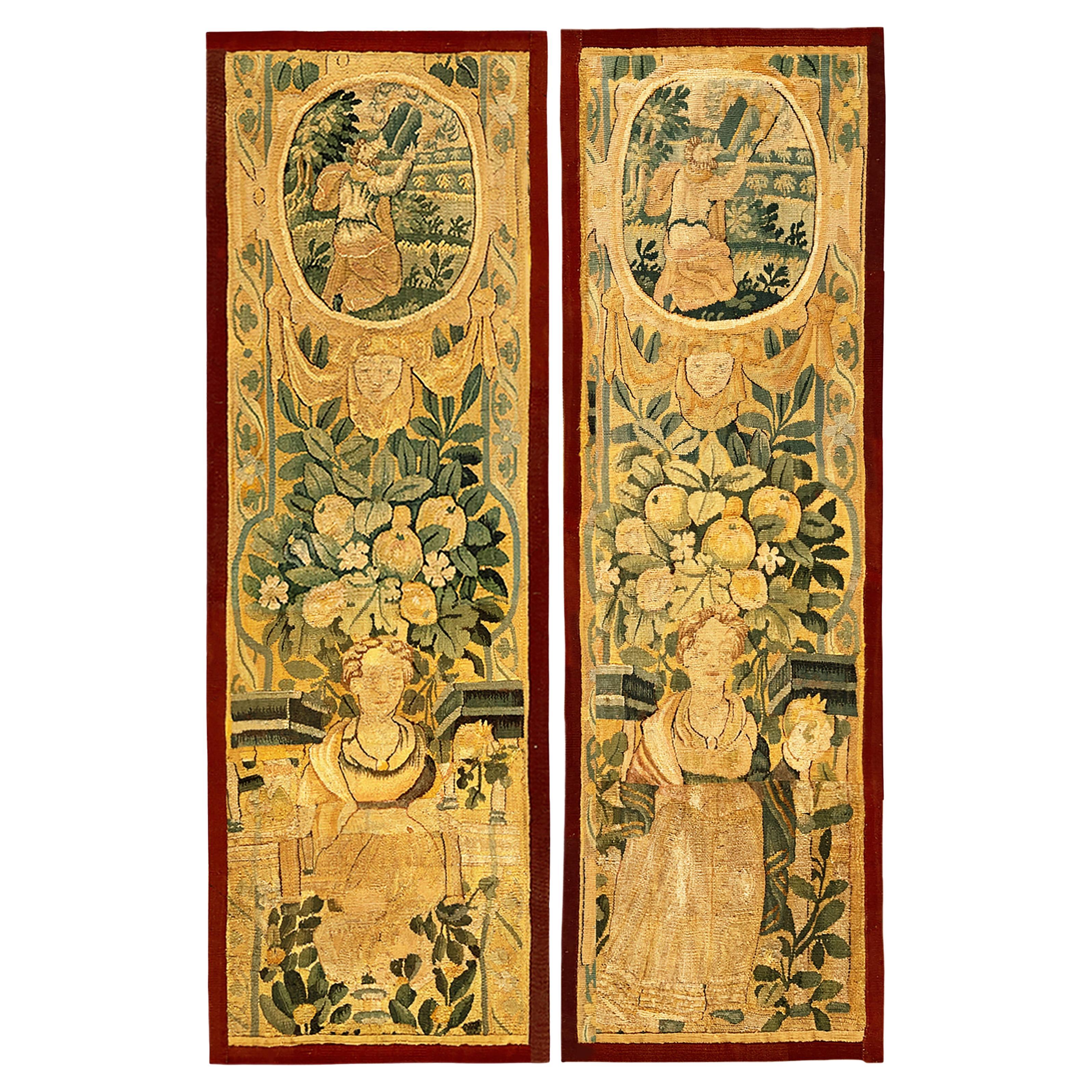 Pair of 17th Century Flemish Historical Tapestry Panel, Vertical, Female Figures For Sale