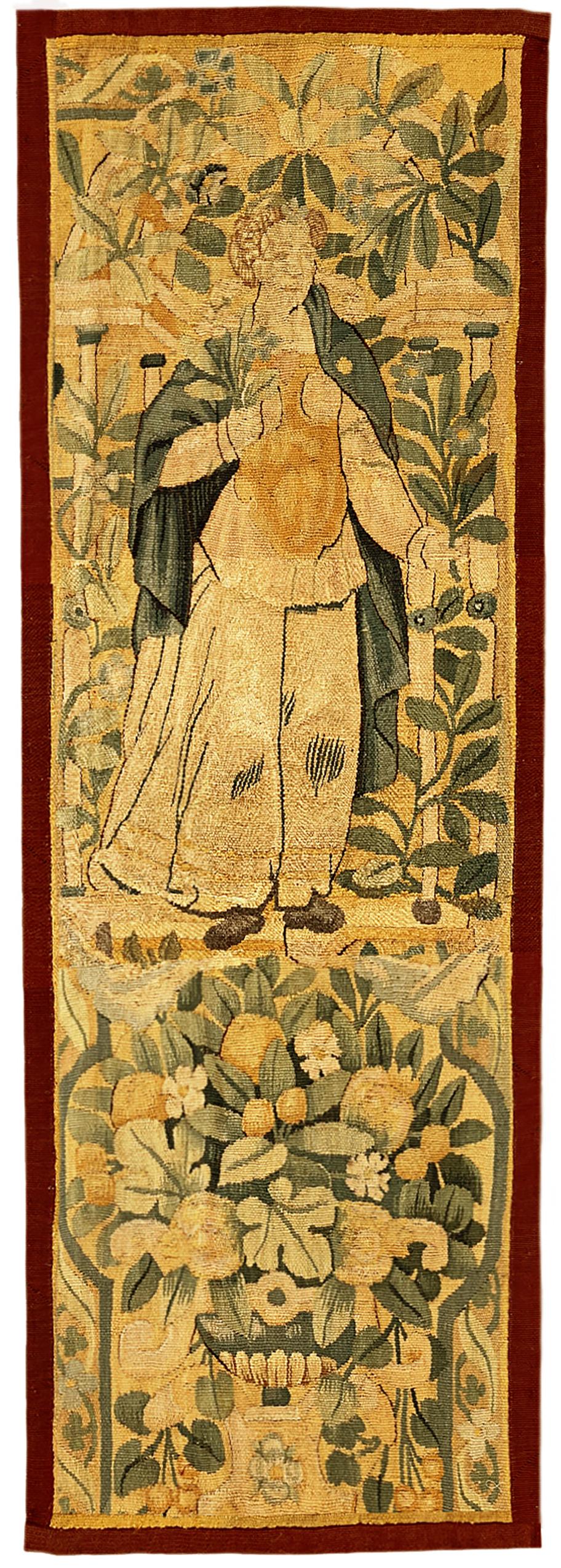 Silk Pair of 17th Century Flemish Tapestry Panels w/ Female Figures & Floral Reserves For Sale